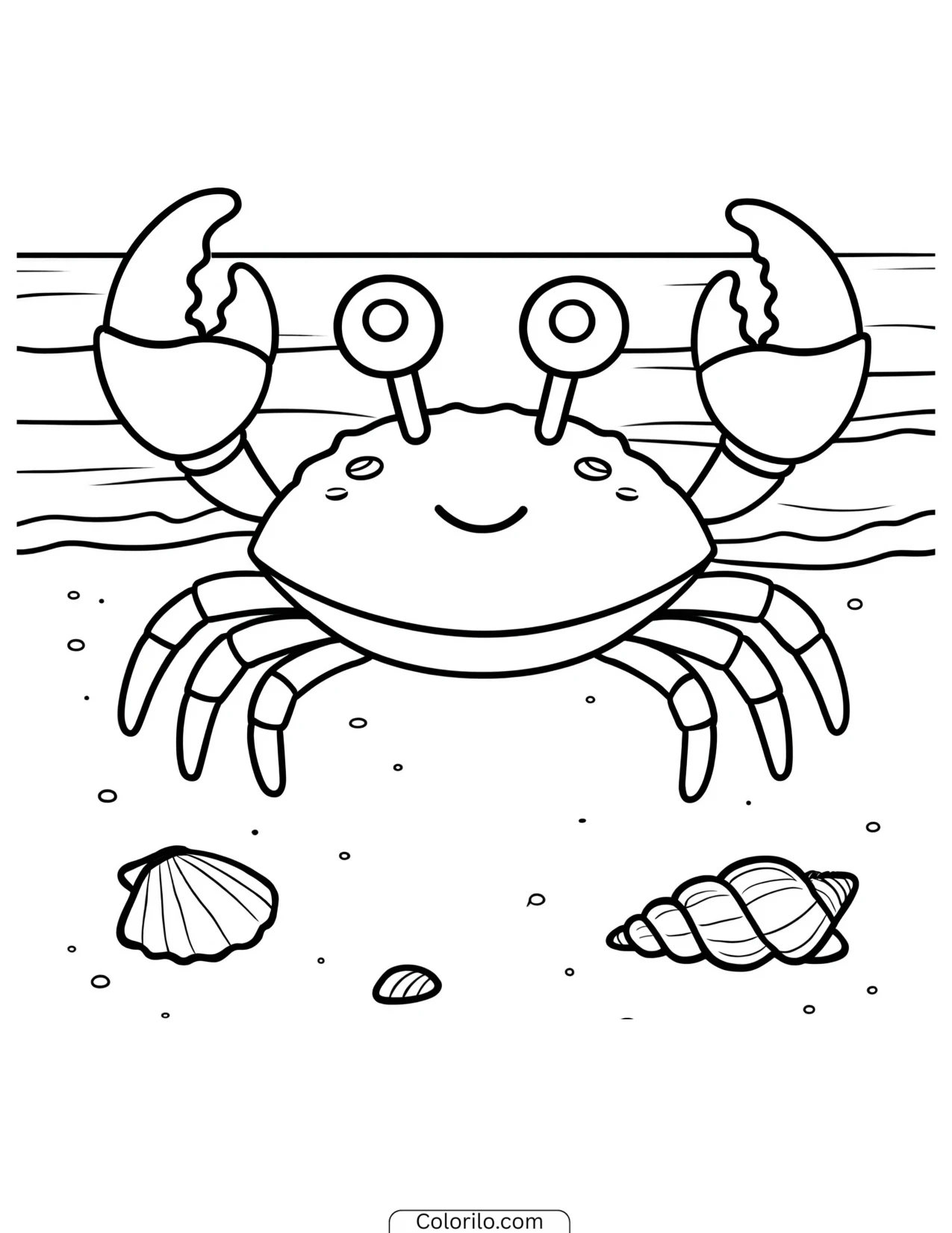 A crab among seashells on the sand coloring page