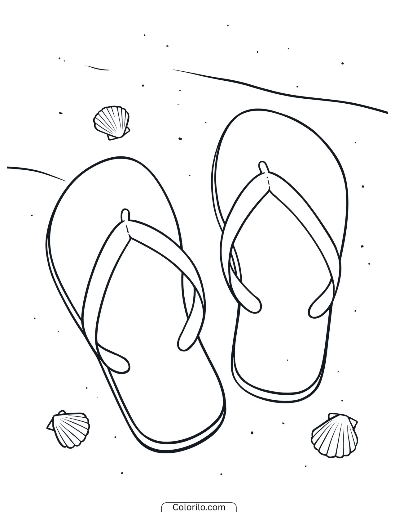 A pair of flip flops resting in the sand coloring page