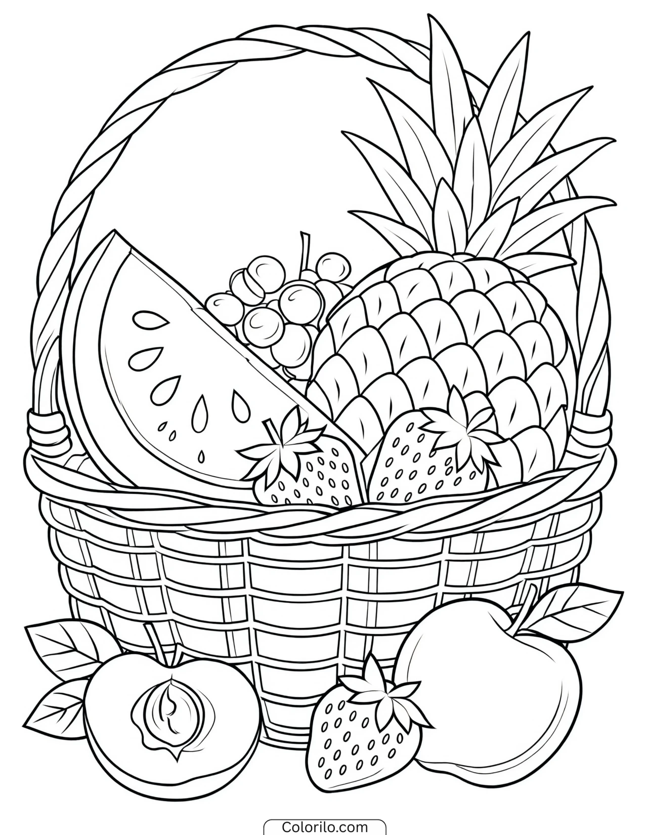 A basket of summer fruit coloring page