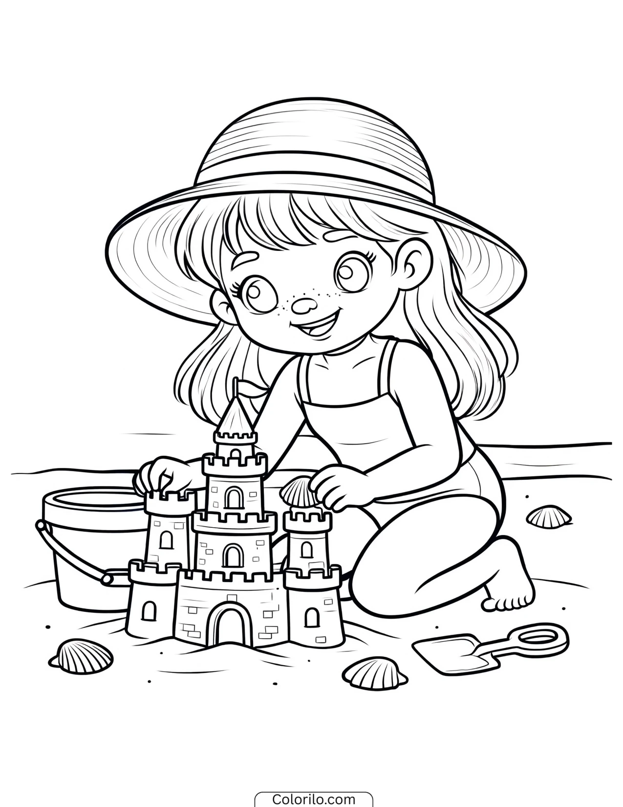 A girl building a sandcastle on the beach coloring page