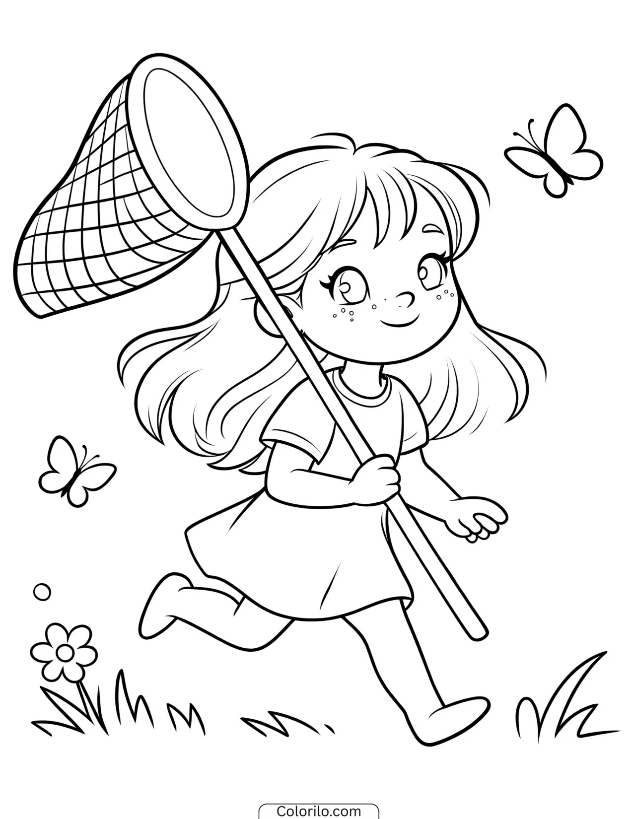 A girl surrounded by butterflies coloring page