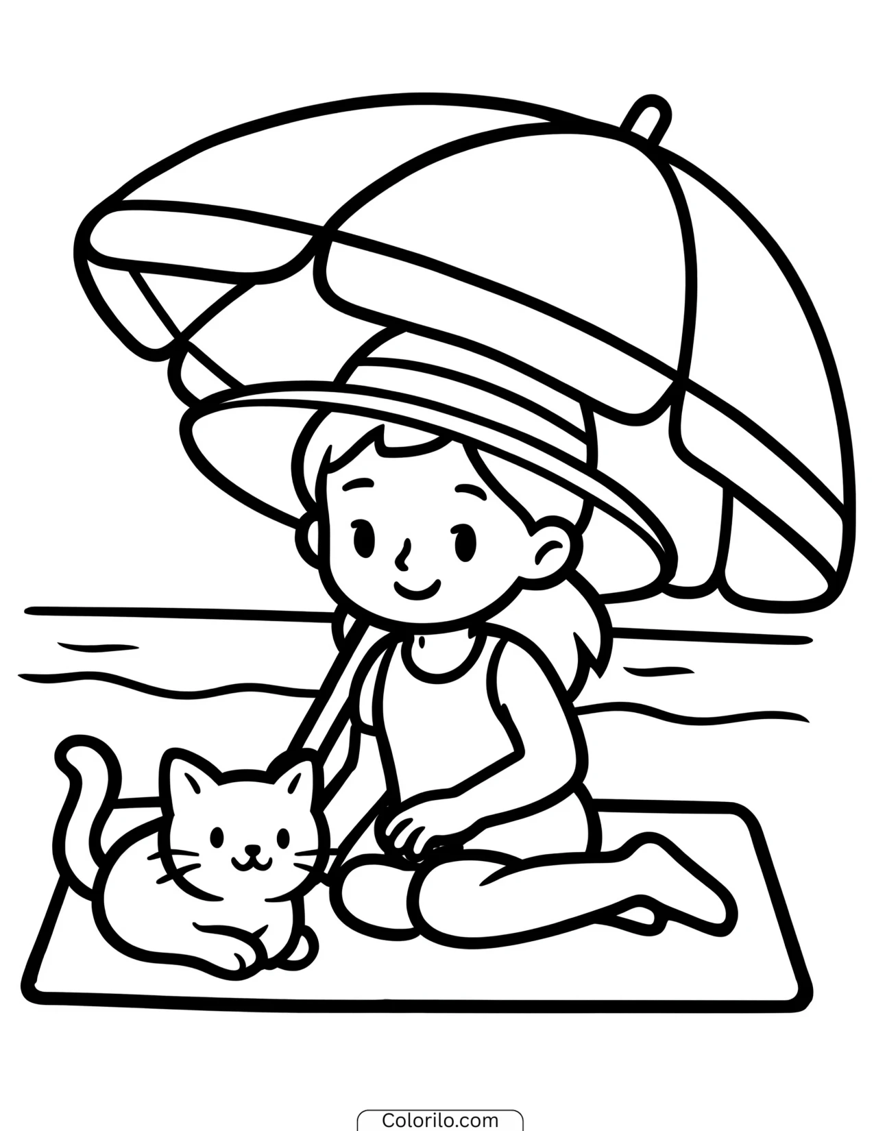 A girl and her cat under a beach umbrella coloring page