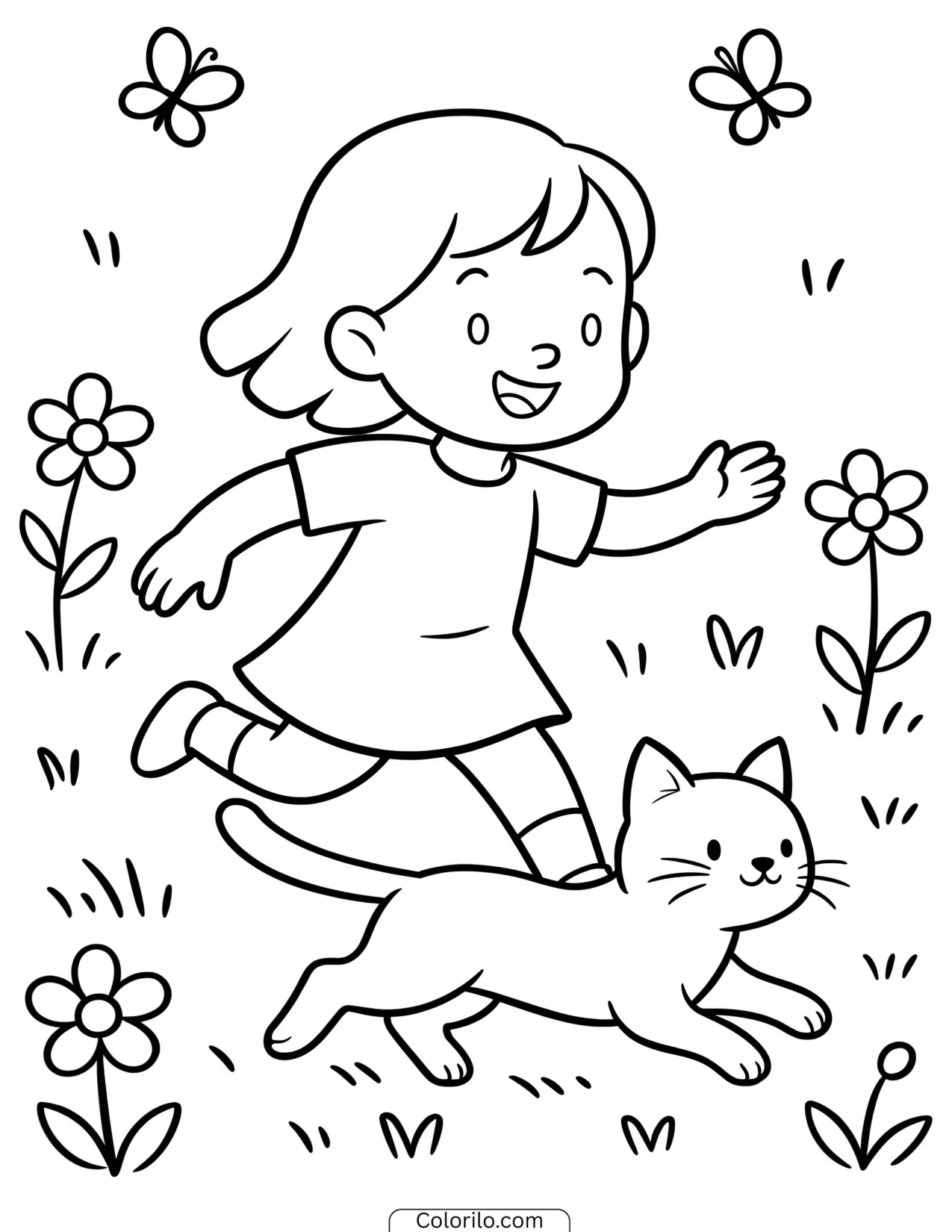 A girl and her cat chasing butterflies coloring page