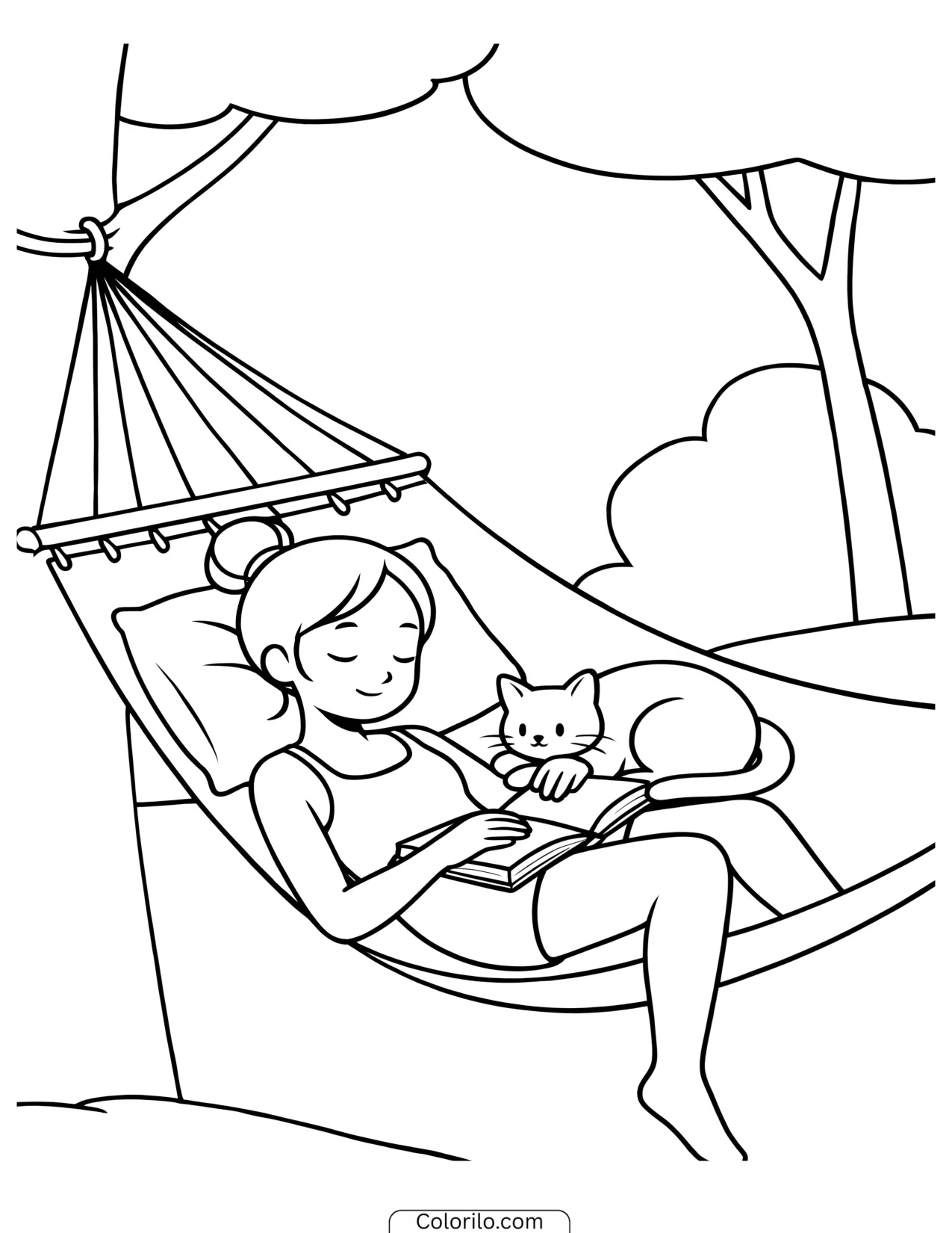 A girl reading in a hammock with her cat coloring page