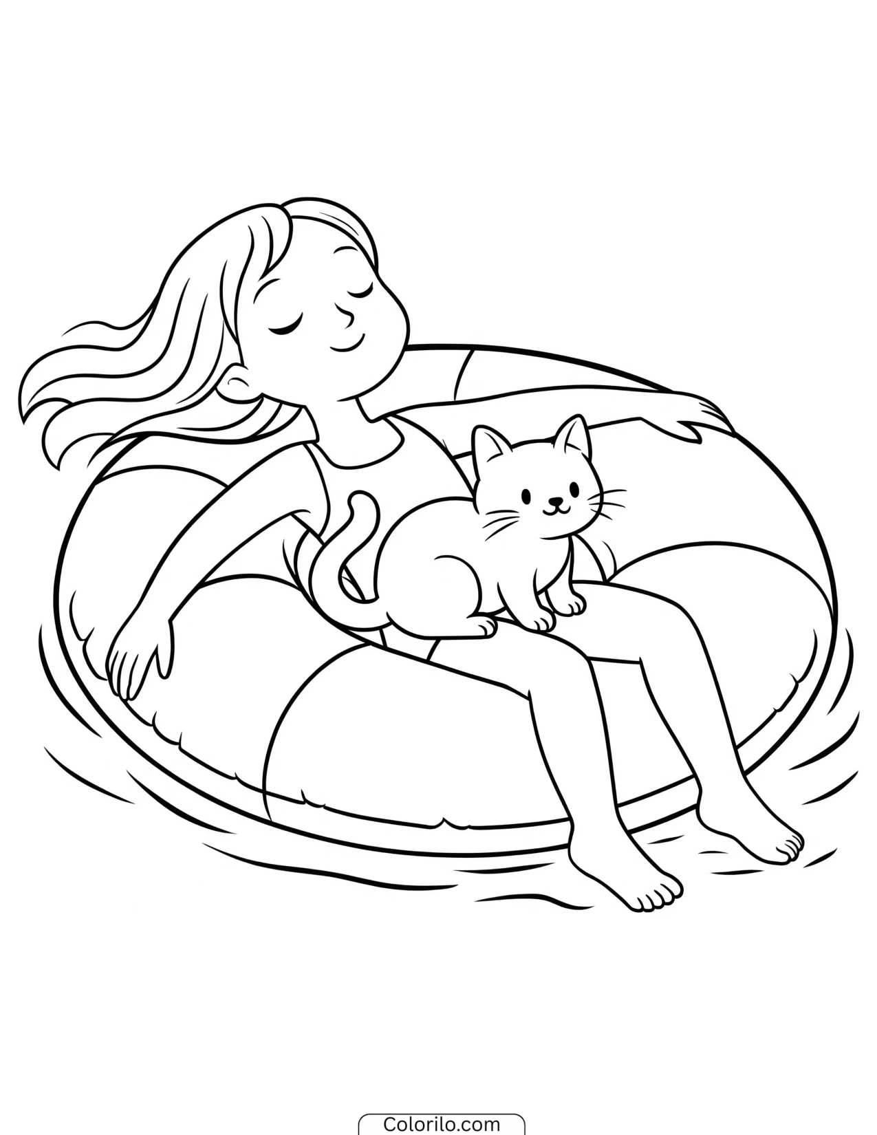 A girl on a pool float with her cat coloring page