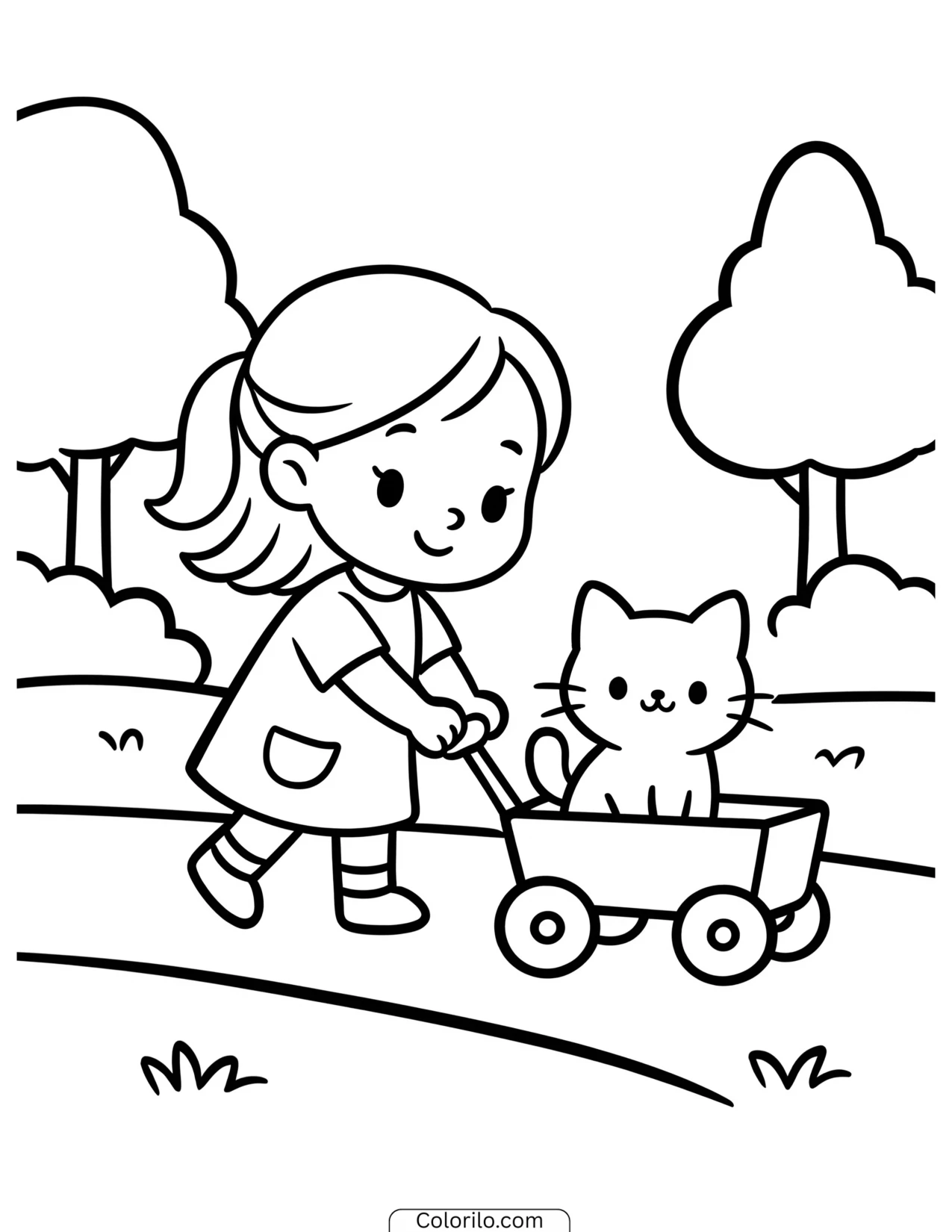 A girl pulling her cat in a wagon coloring page