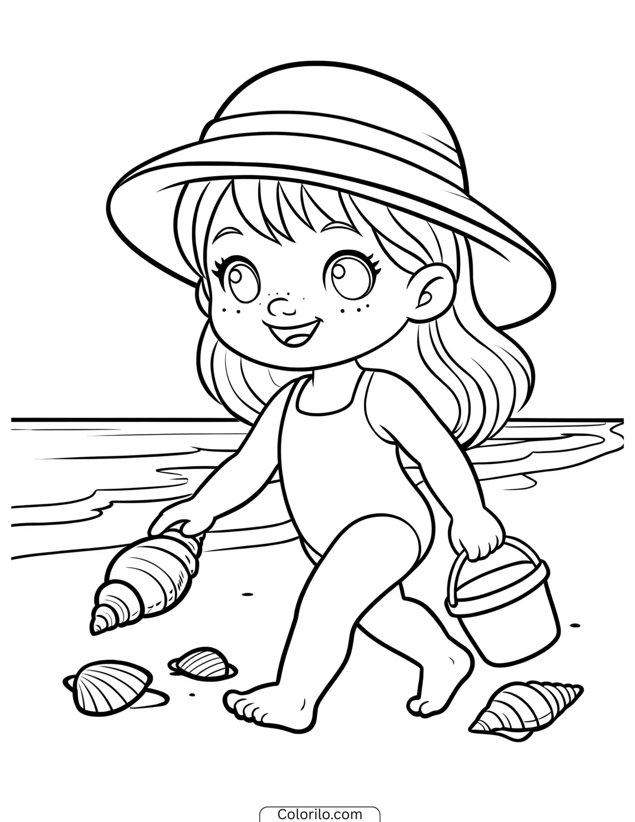 A girl collecting seashells along the shore coloring page