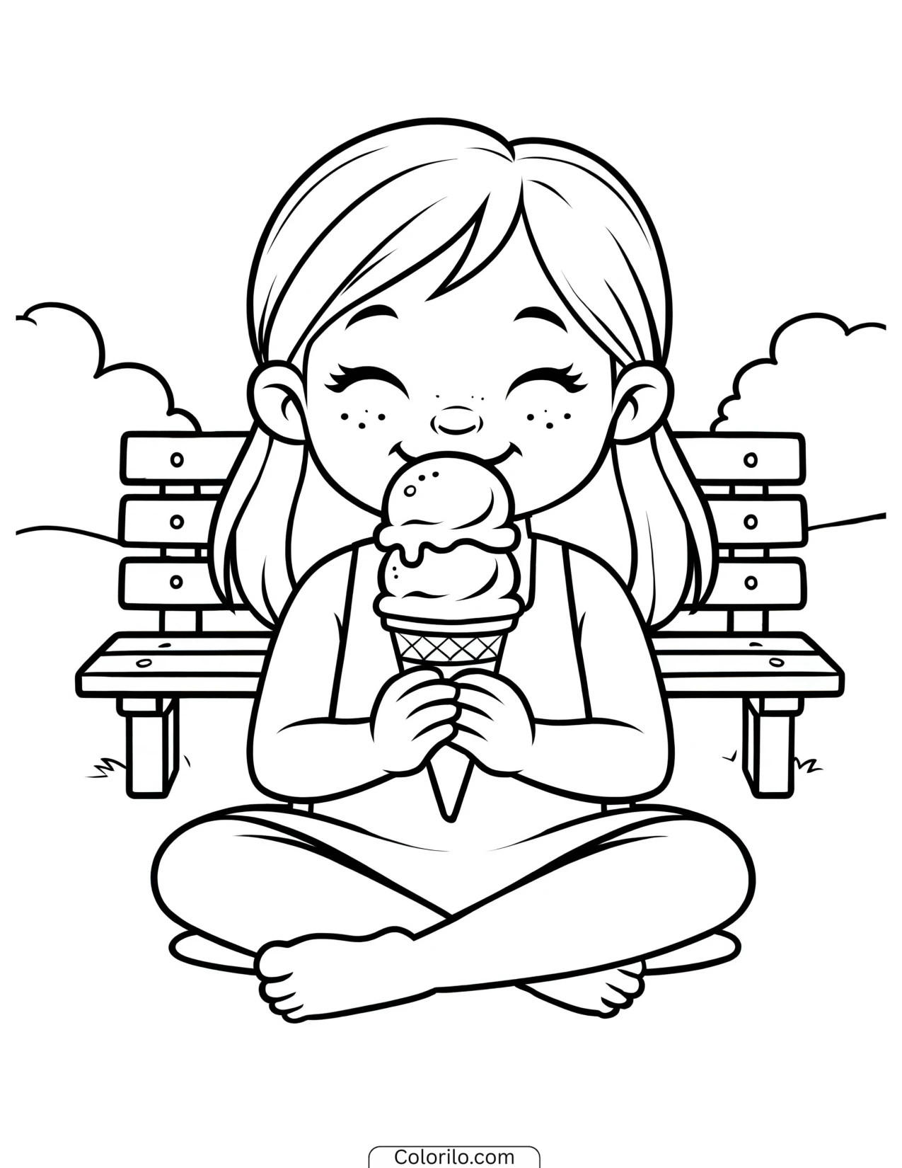 A girl eating an ice cream cone coloring page