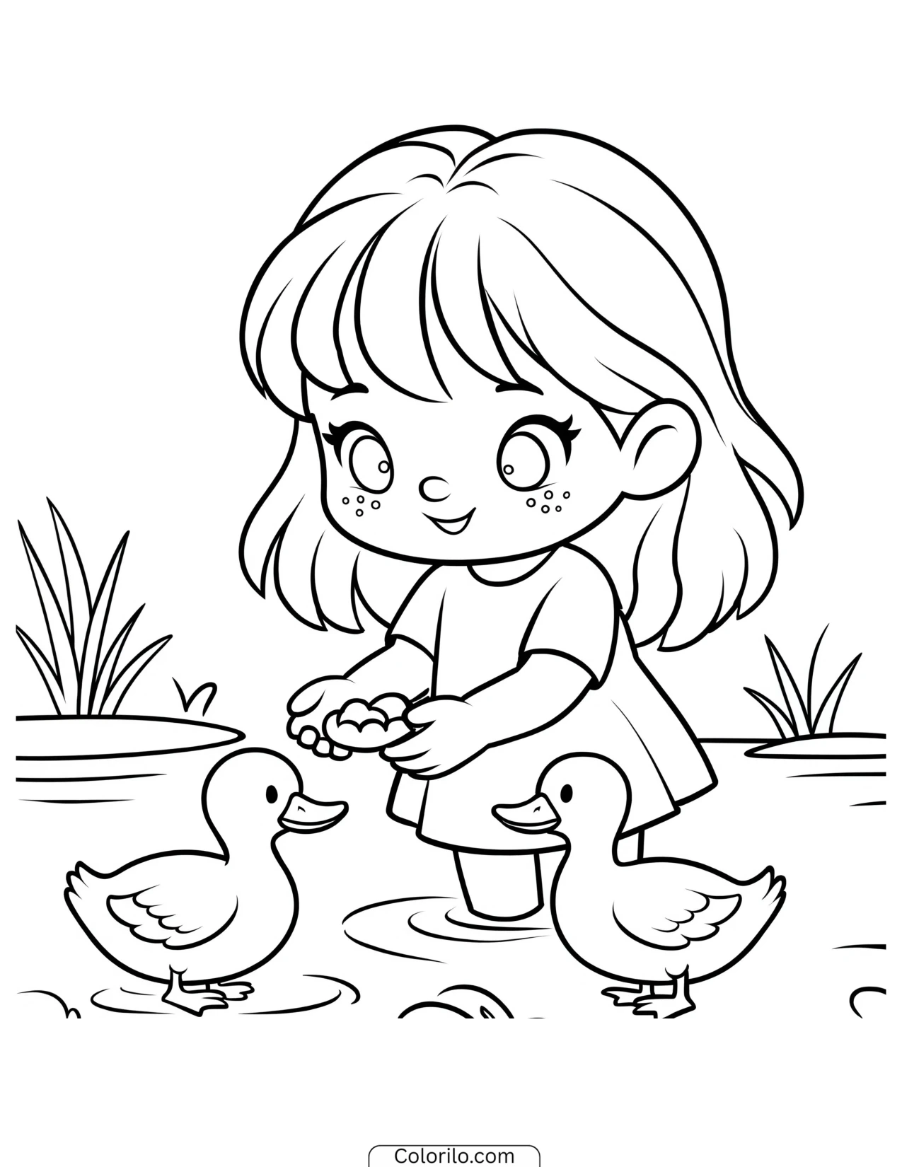 A girl feeding ducks by the water coloring page