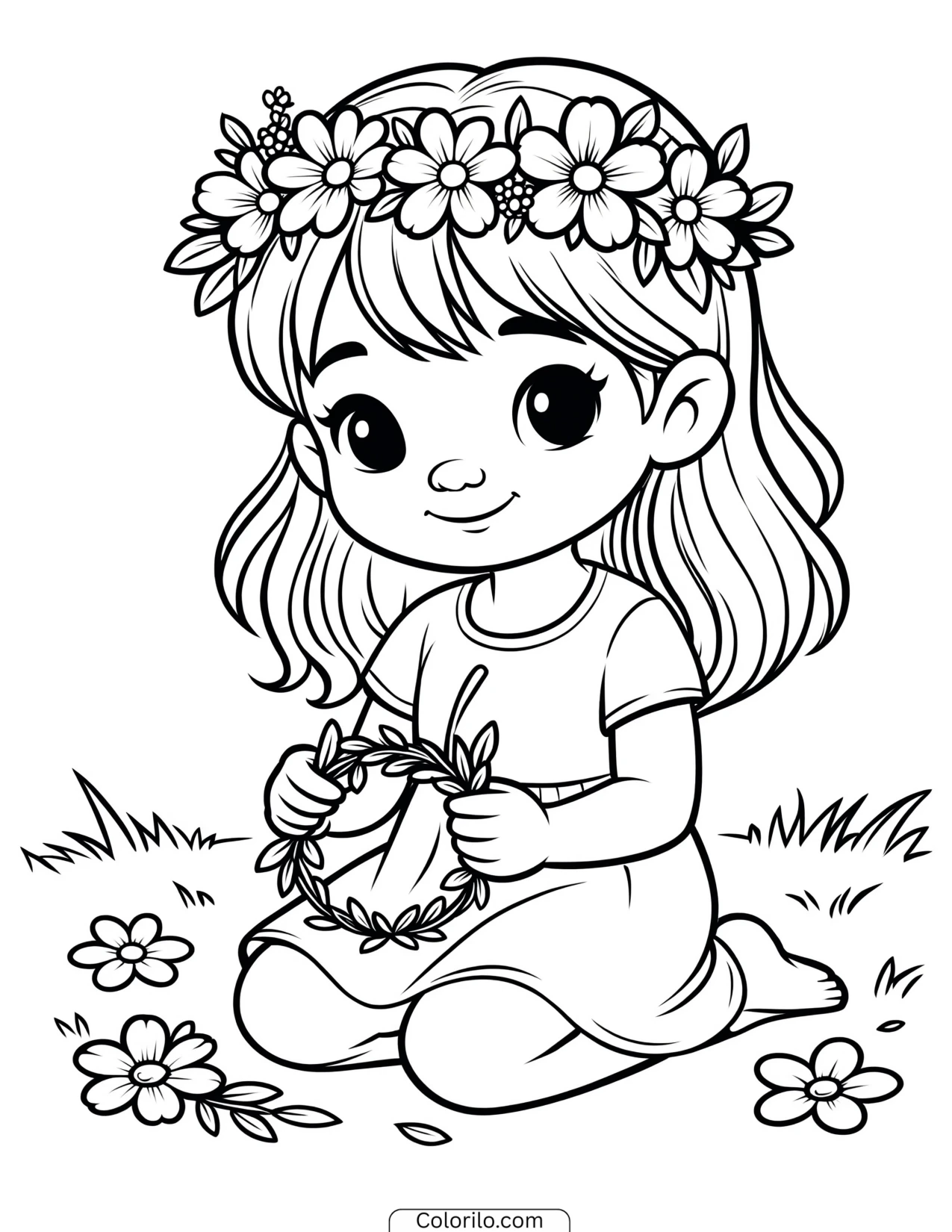 A girl wearing a crown of flowers coloring page