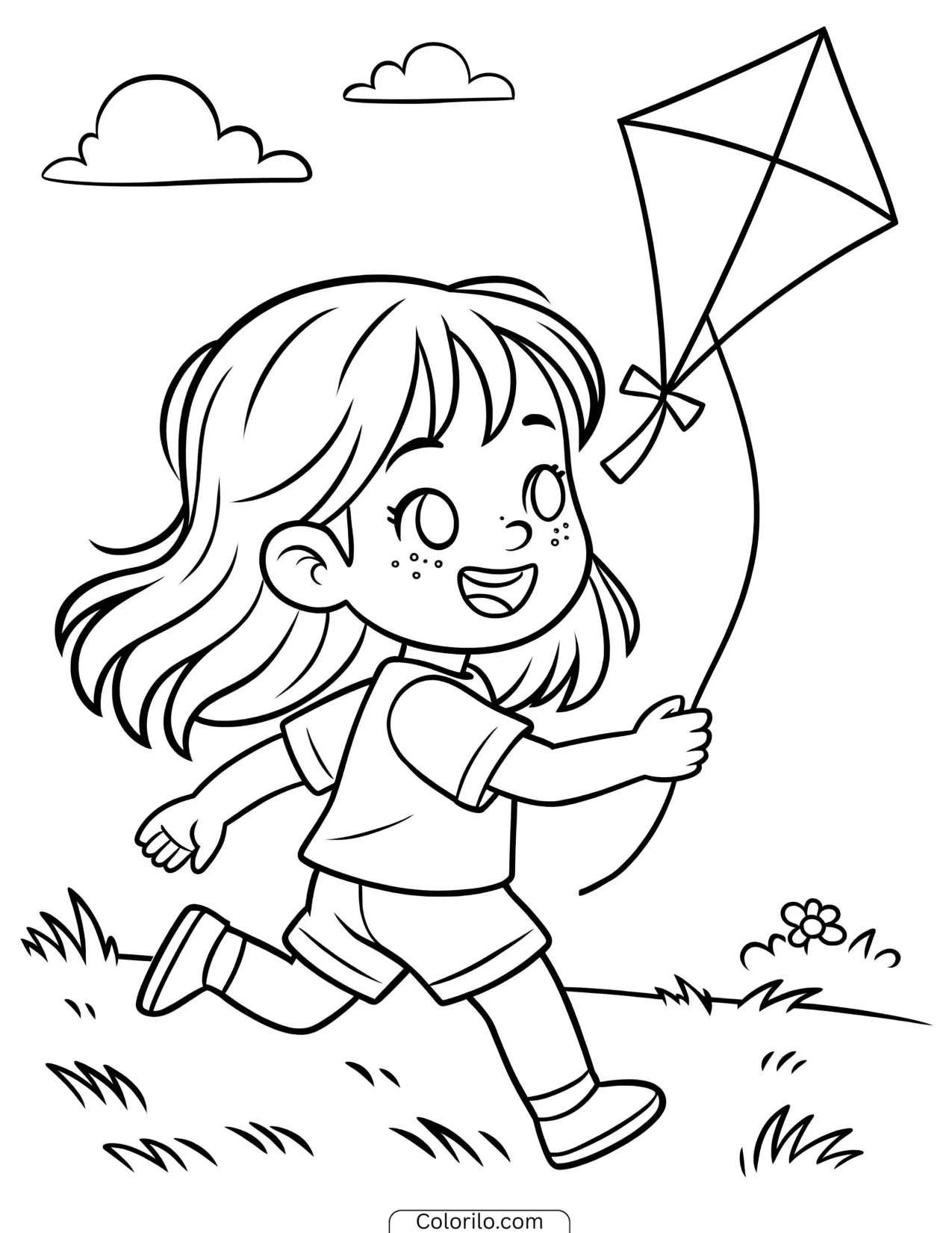 A girl flying a kite on a summer day coloring page
