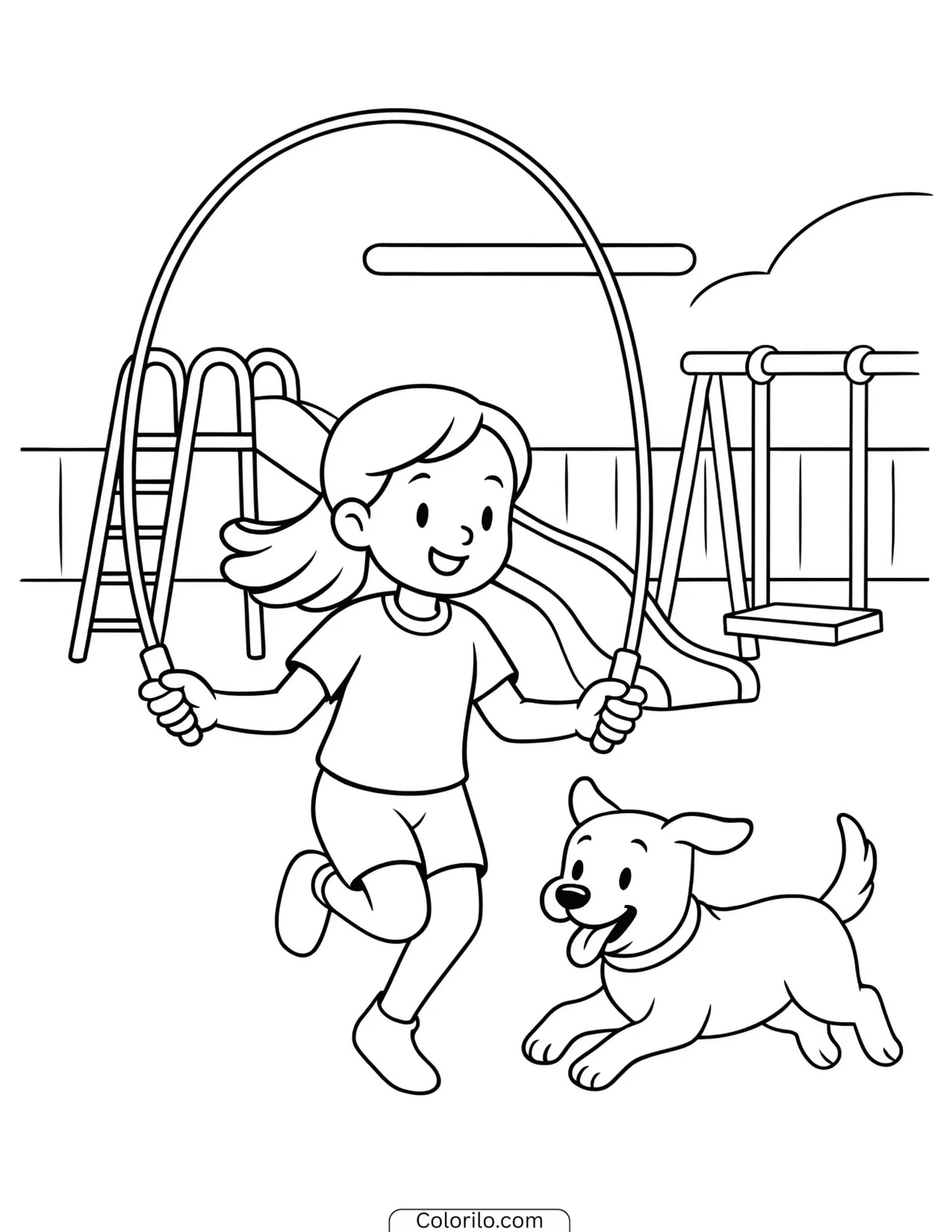 A girl skipping with a rope while her dog watches coloring page
