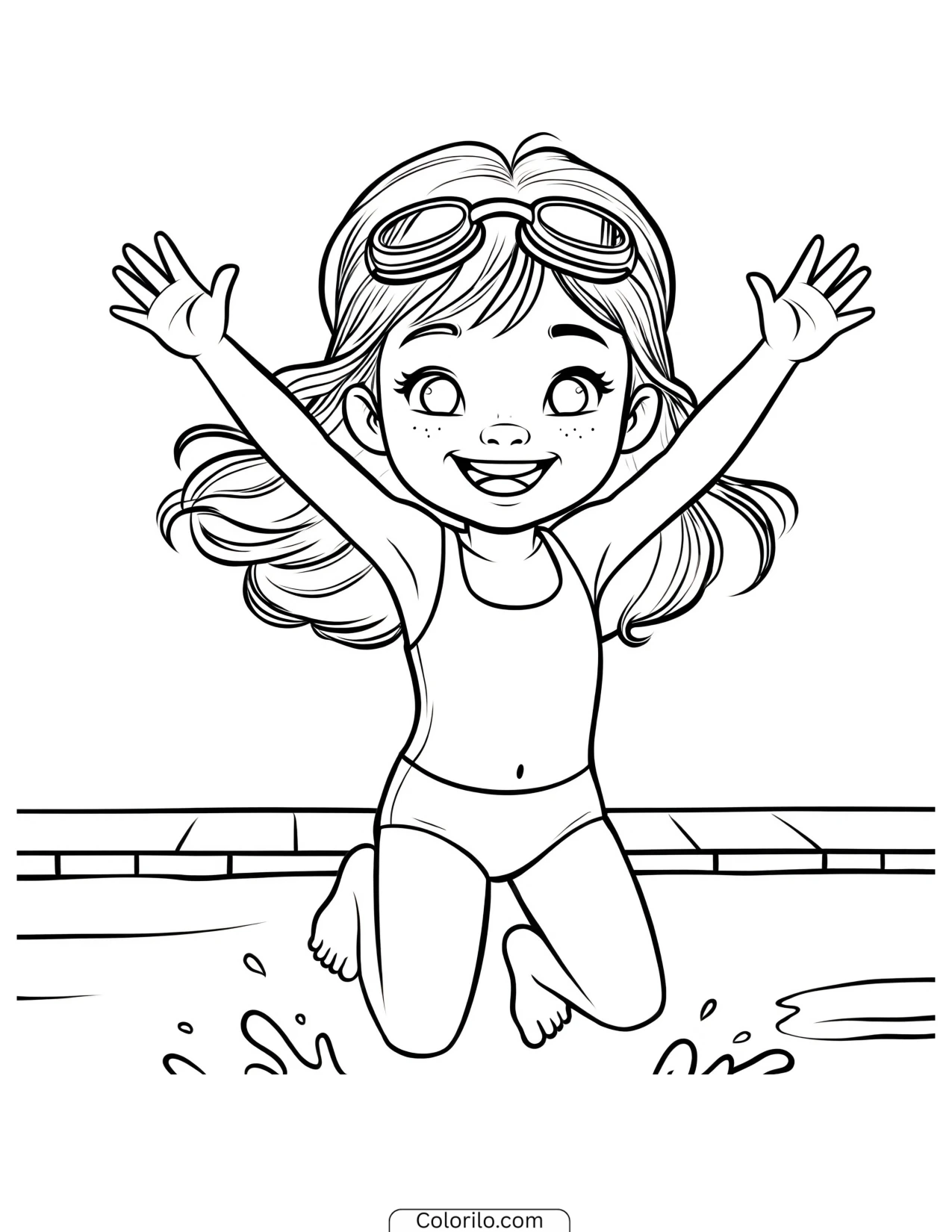 A girl jumping into a swimming pool coloring page