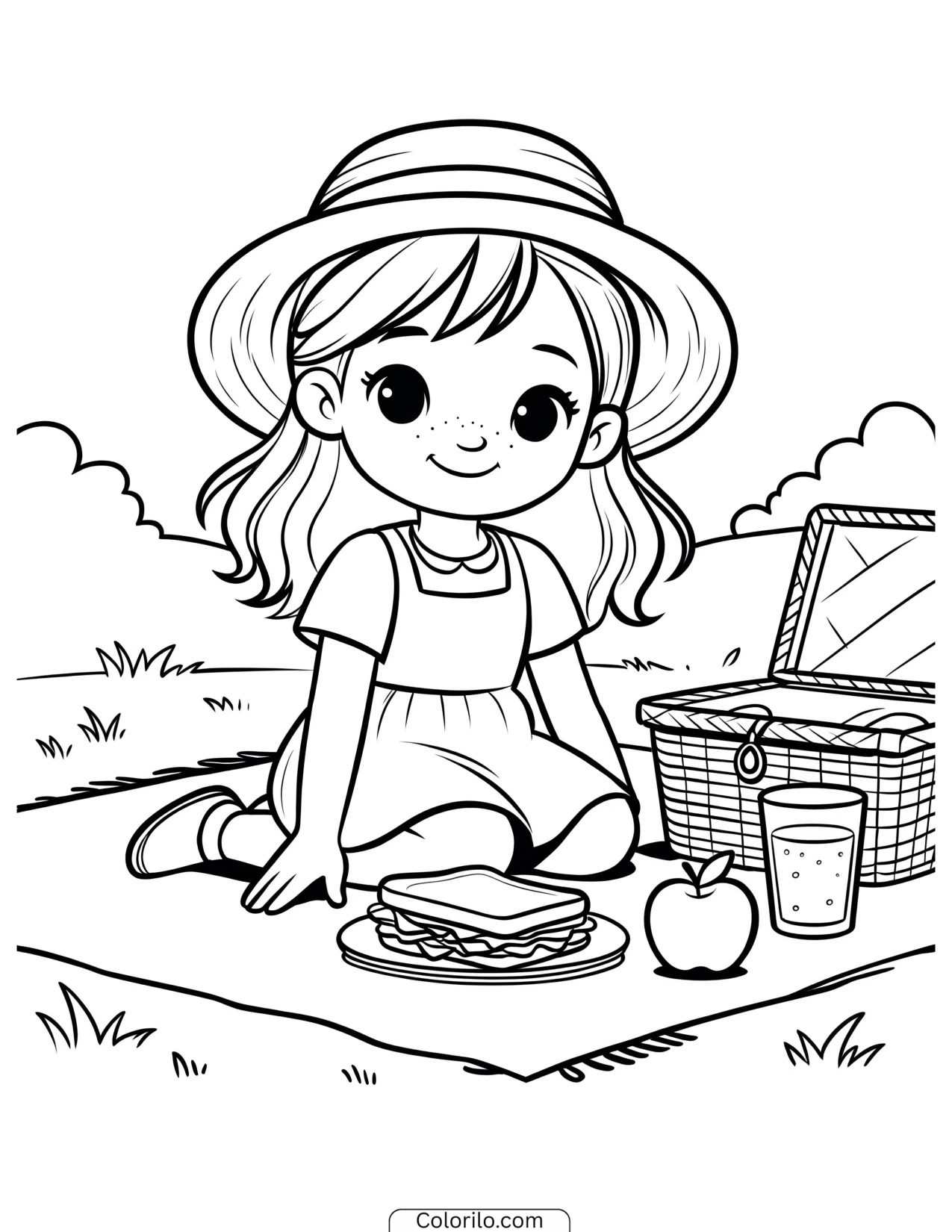 A girl sitting on a picnic blanket coloring page