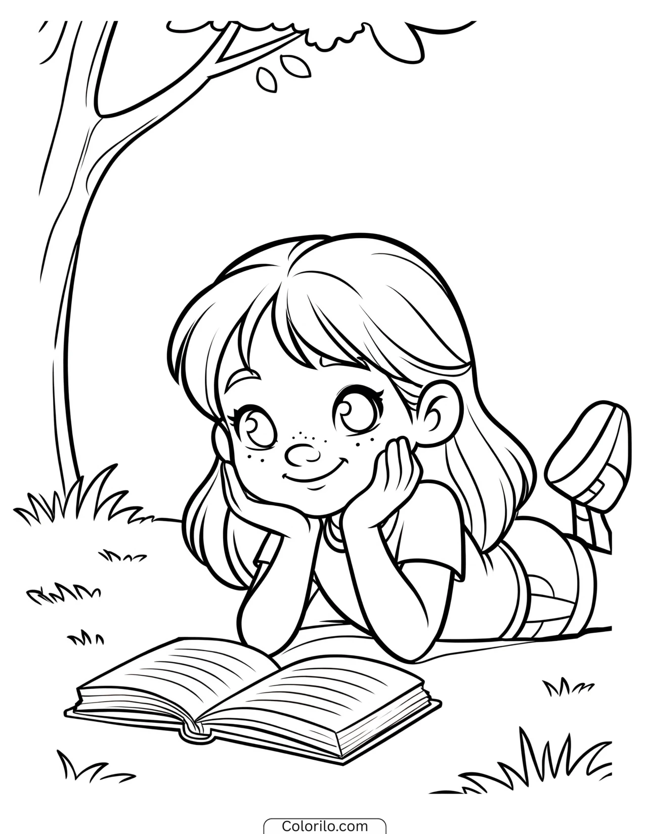 A girl reading a book under a tree coloring page