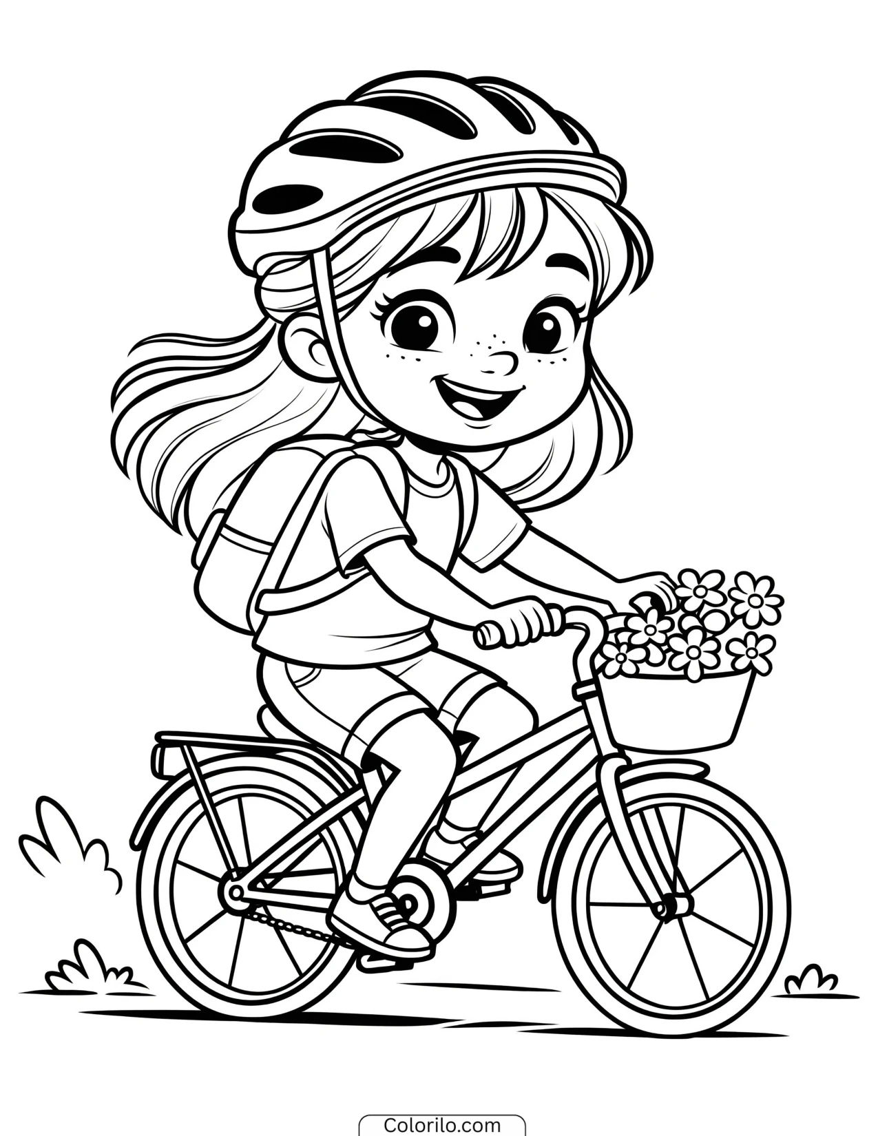 A girl riding her bike coloring page