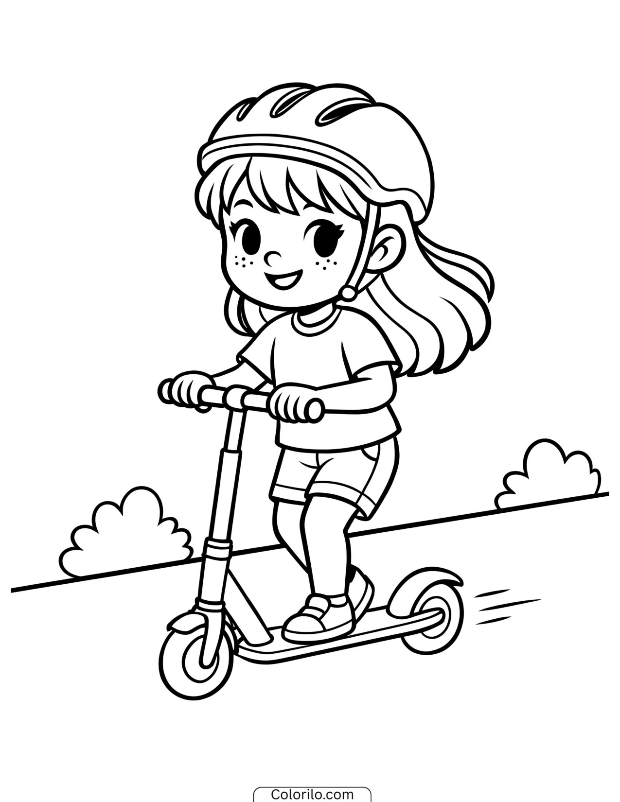A girl riding a scooter coloring page