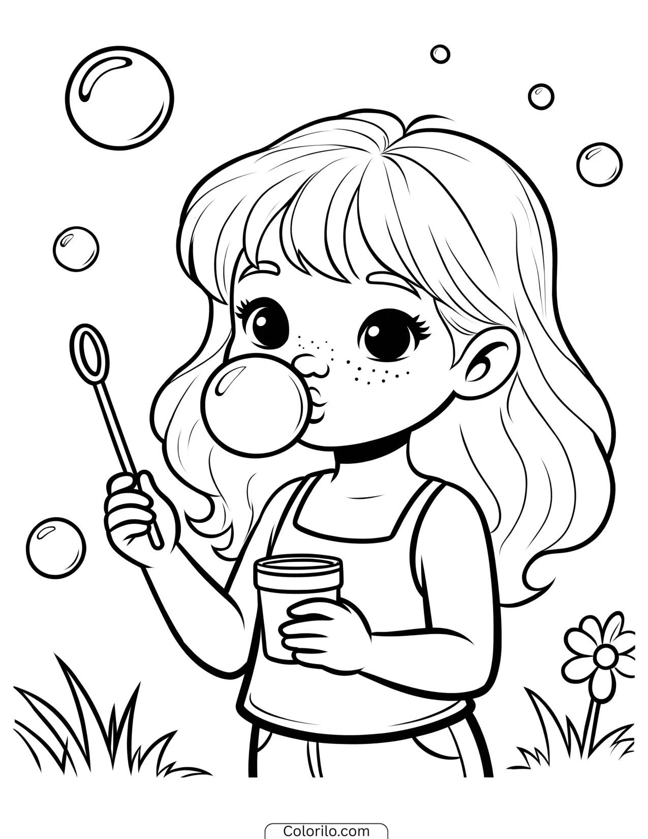 A girl blowing soap bubbles coloring page