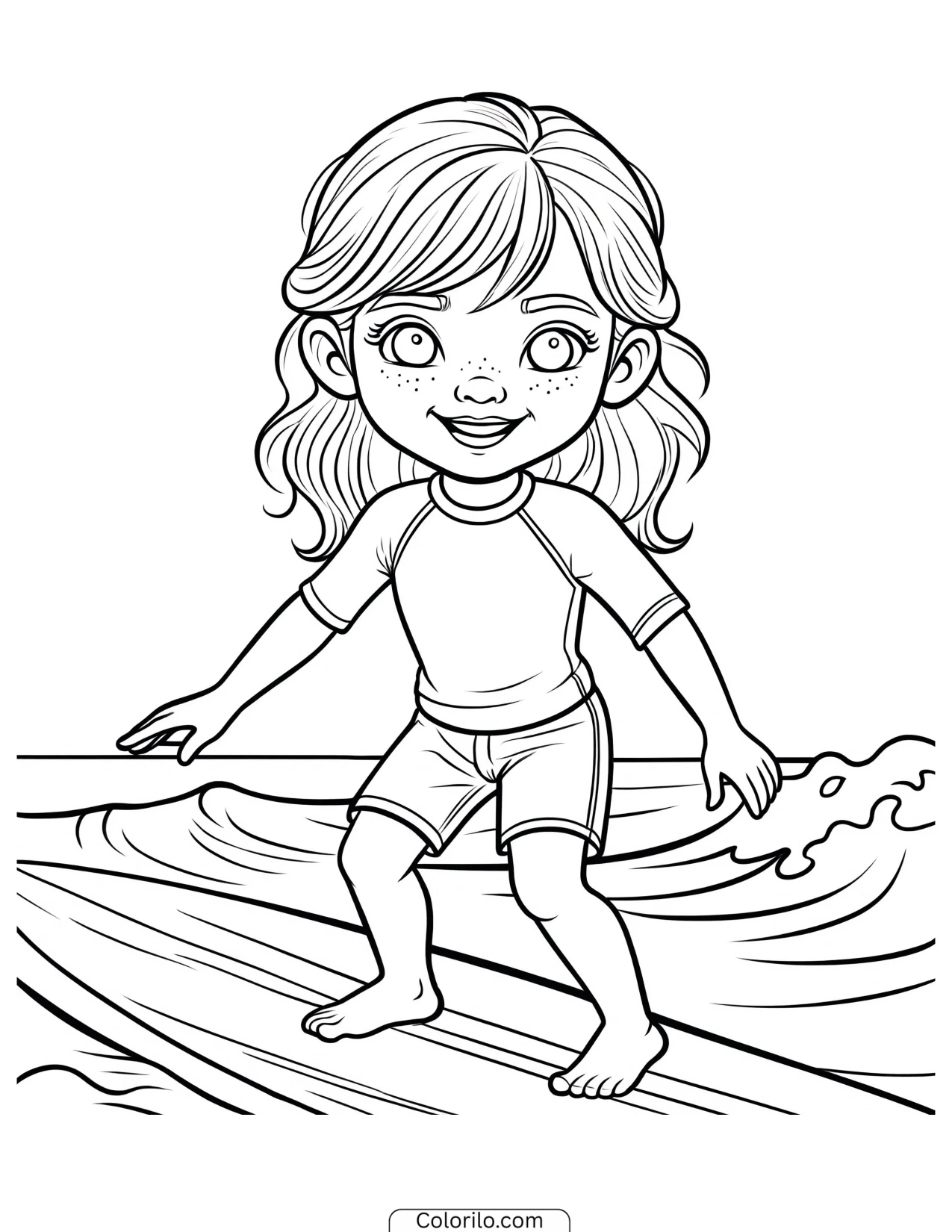 A girl surfing a wave coloring page