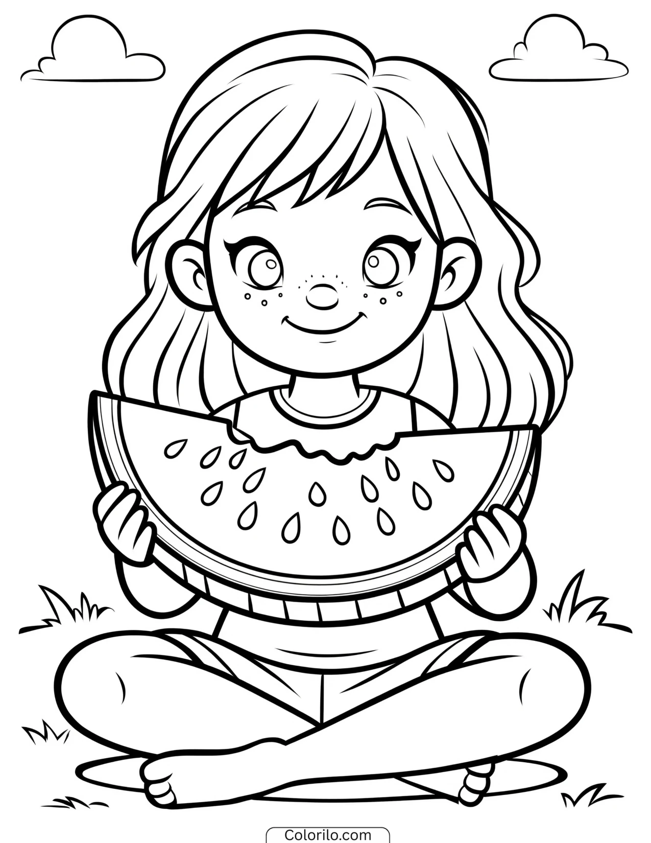 A girl holding a slice of watermelon coloring page