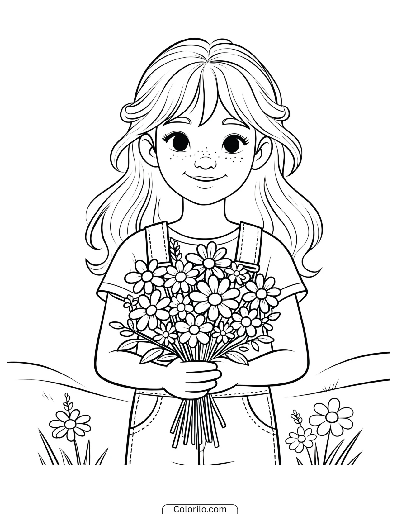 A girl holding a bouquet of wildflowers coloring page