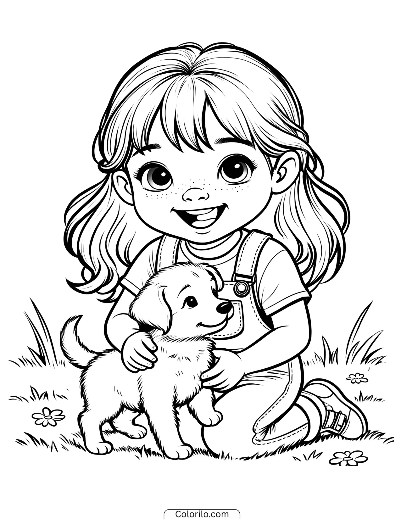 A girl with her puppy coloring page