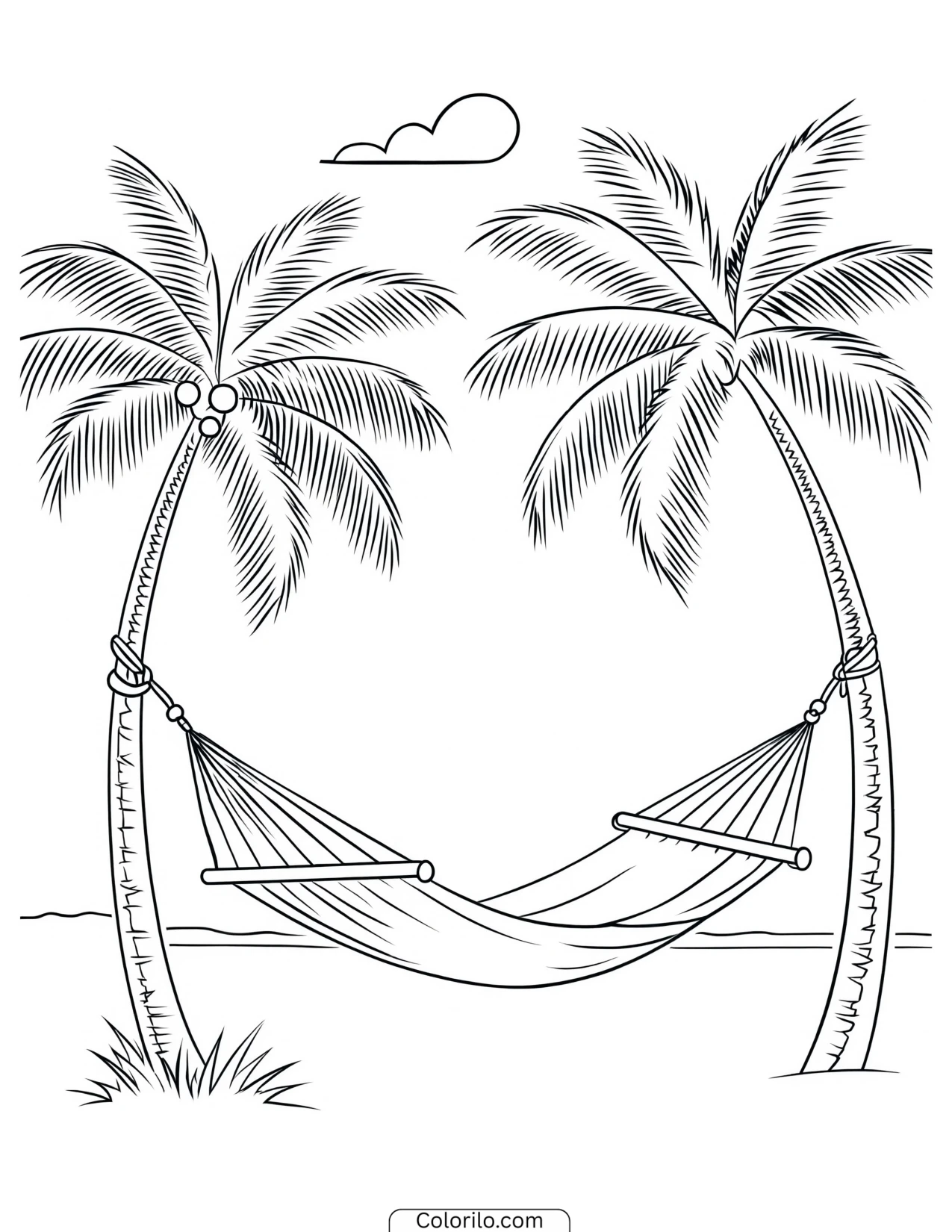 A hammock slung between two palm trees coloring page