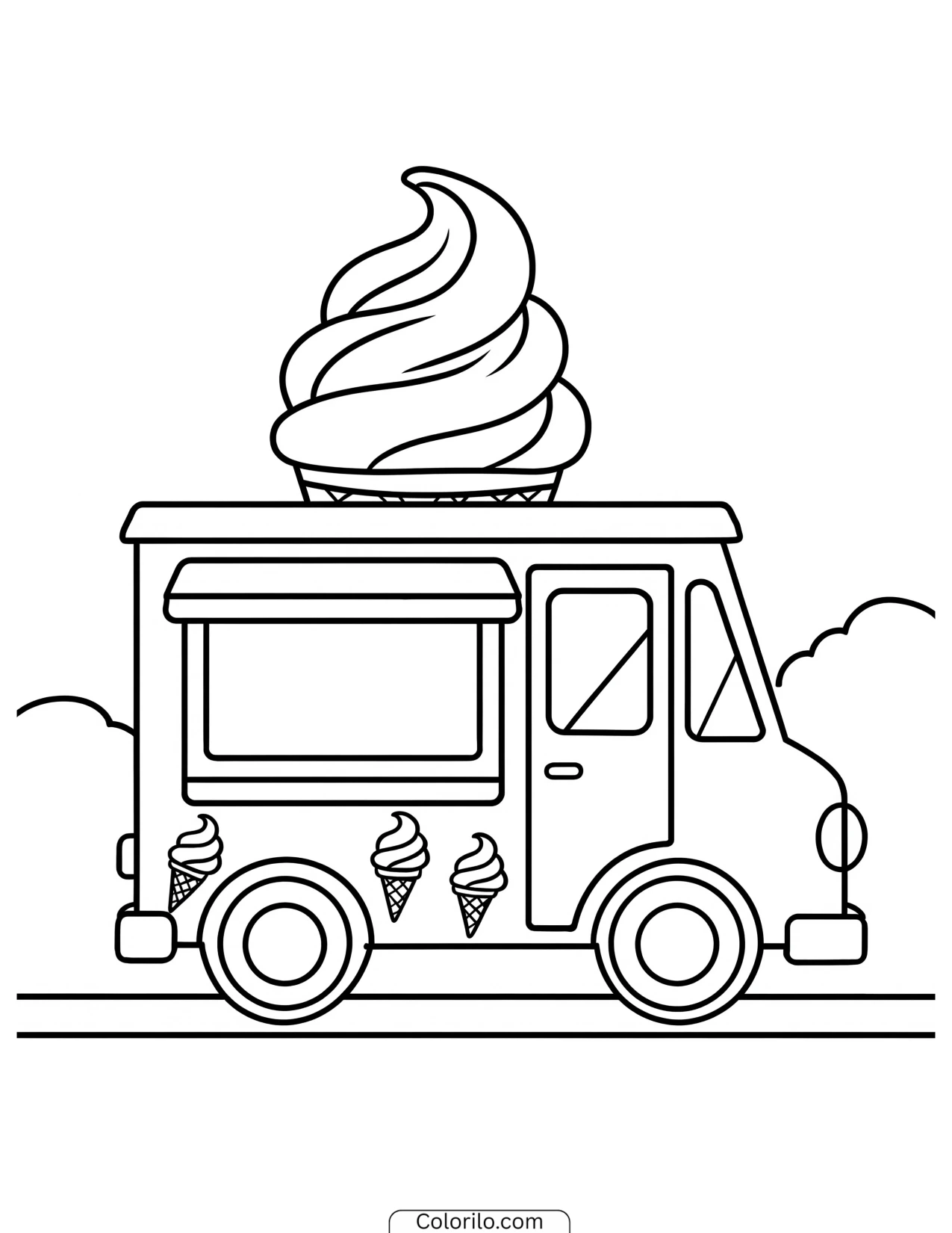 An ice cream truck on a summer street coloring page