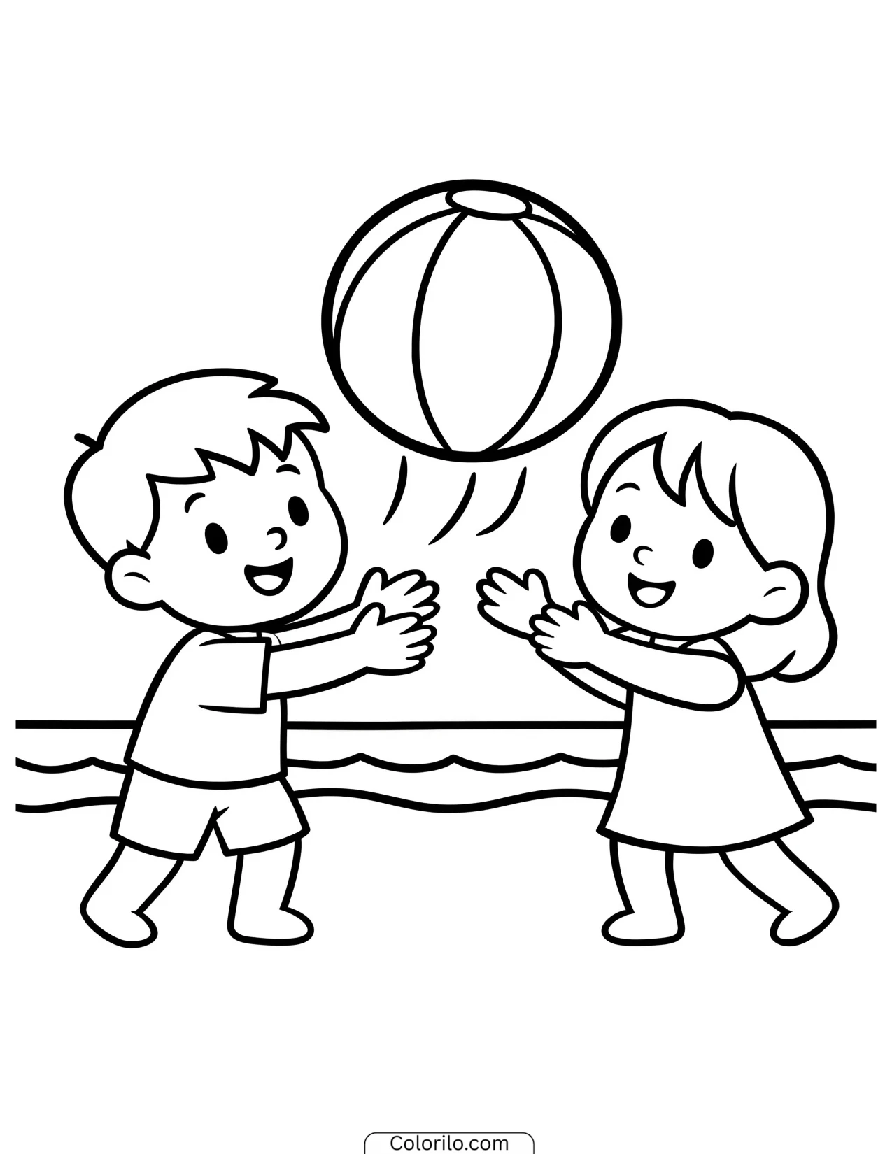 Children playing with a beach ball coloring page
