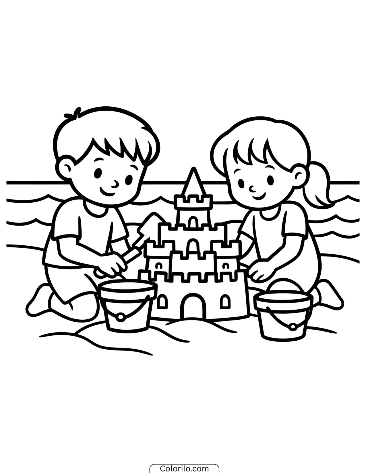 Children building a sandcastle together coloring page