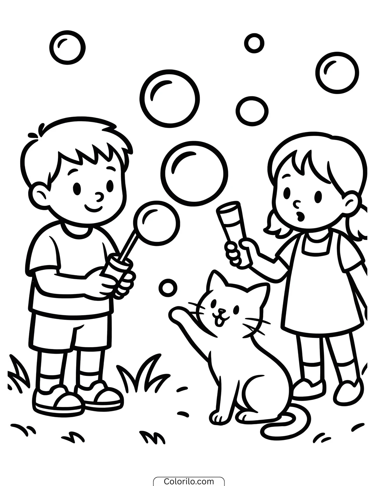 Children blowing bubbles with their cat coloring page