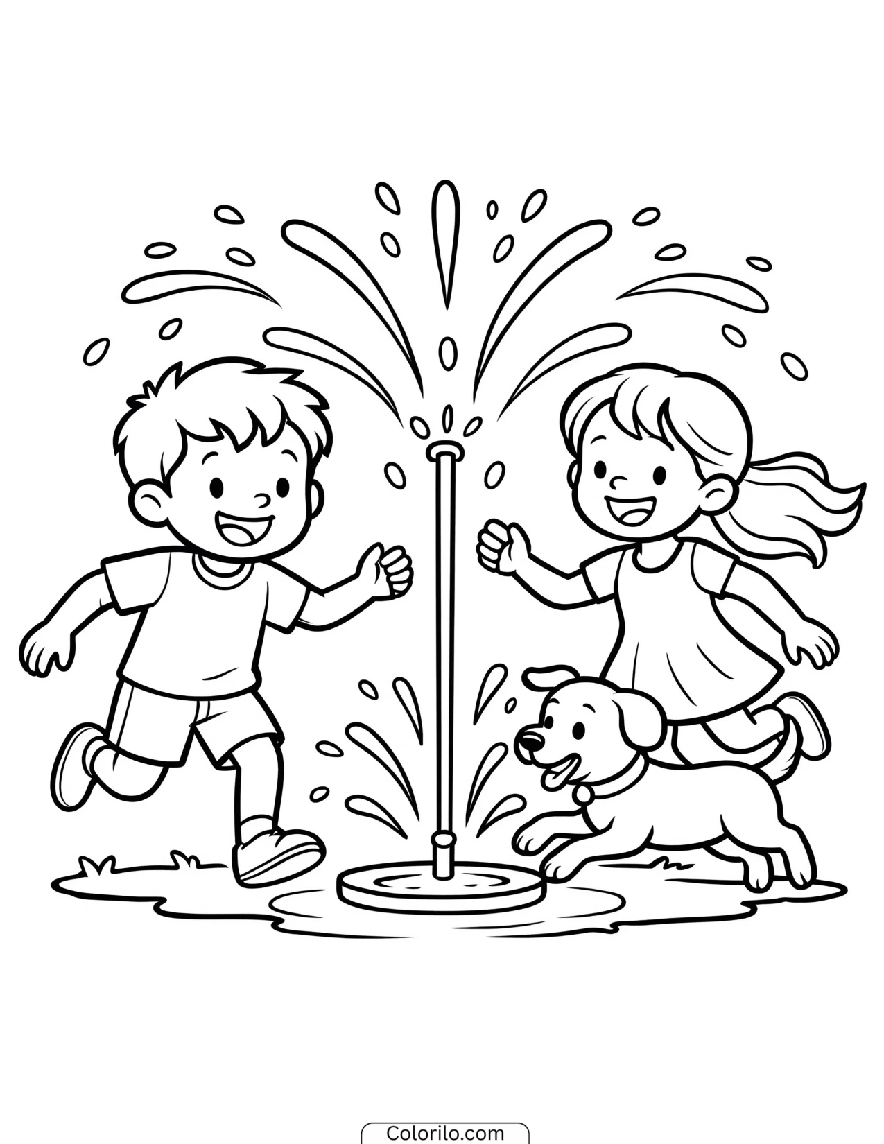 Children running through a sprinkler with their dog coloring page
