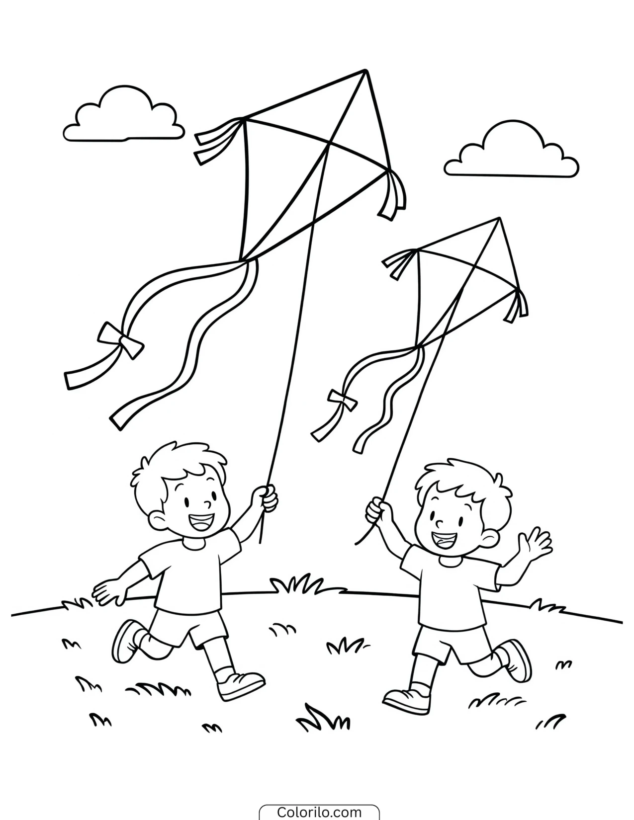 Children flying kites together coloring page