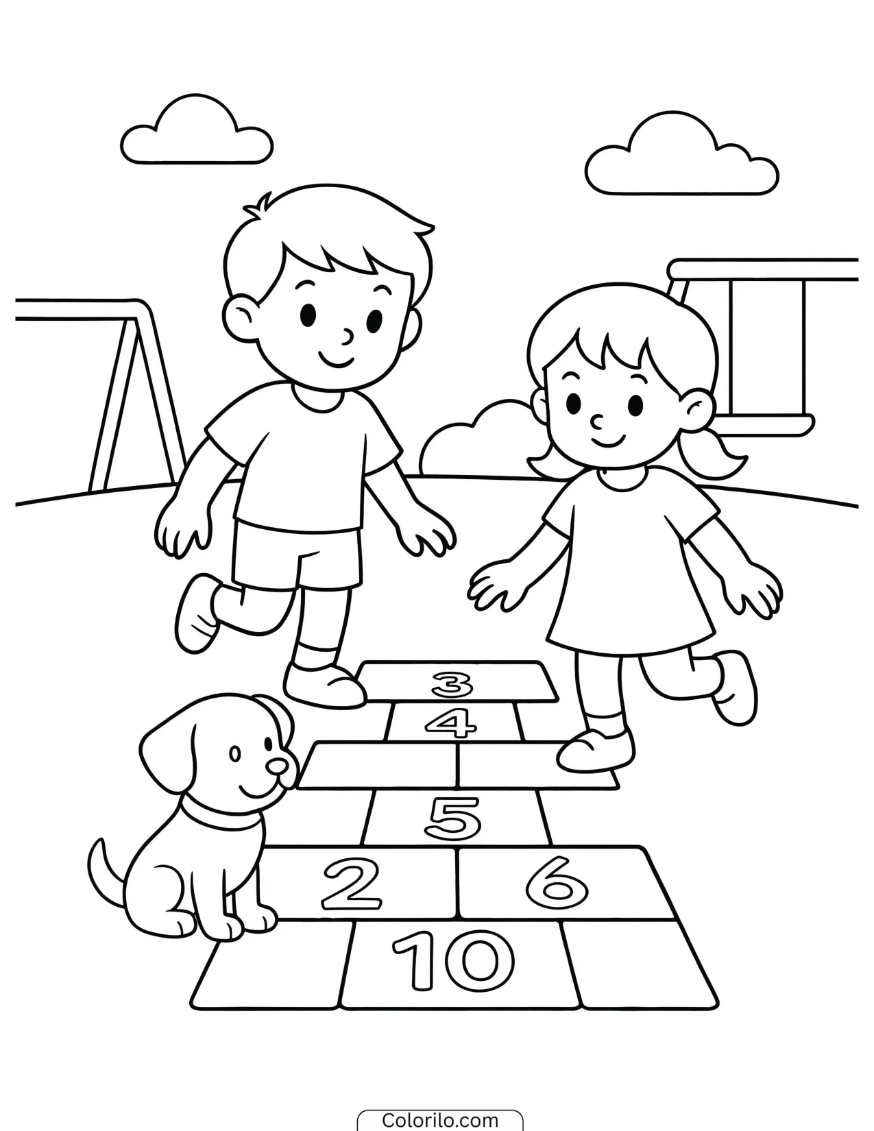 Children playing hopscotch while the dog joins in coloring page