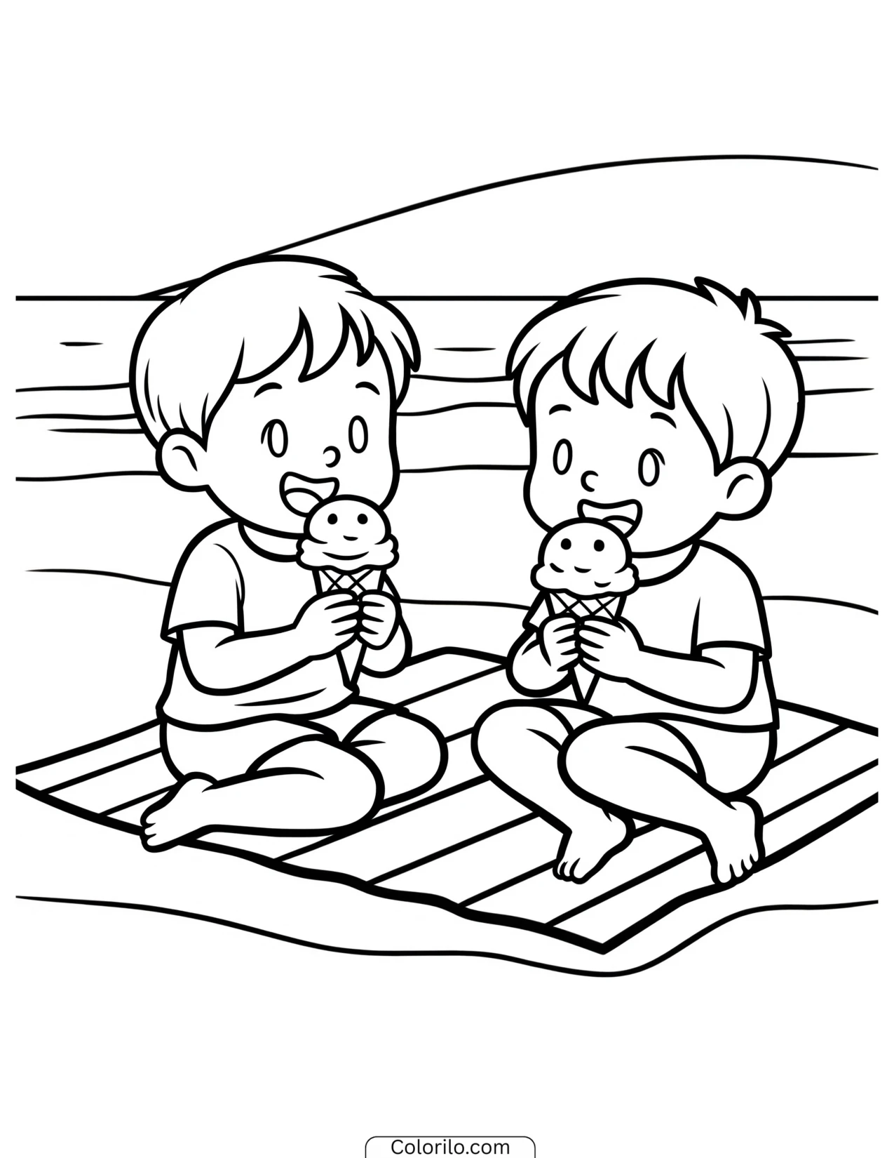 Children eating ice cream at the beach coloring page