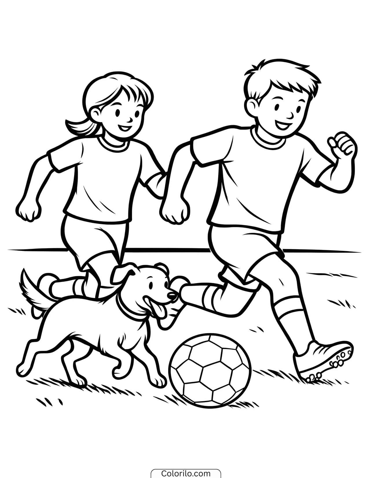 Children playing football with their dog coloring page
