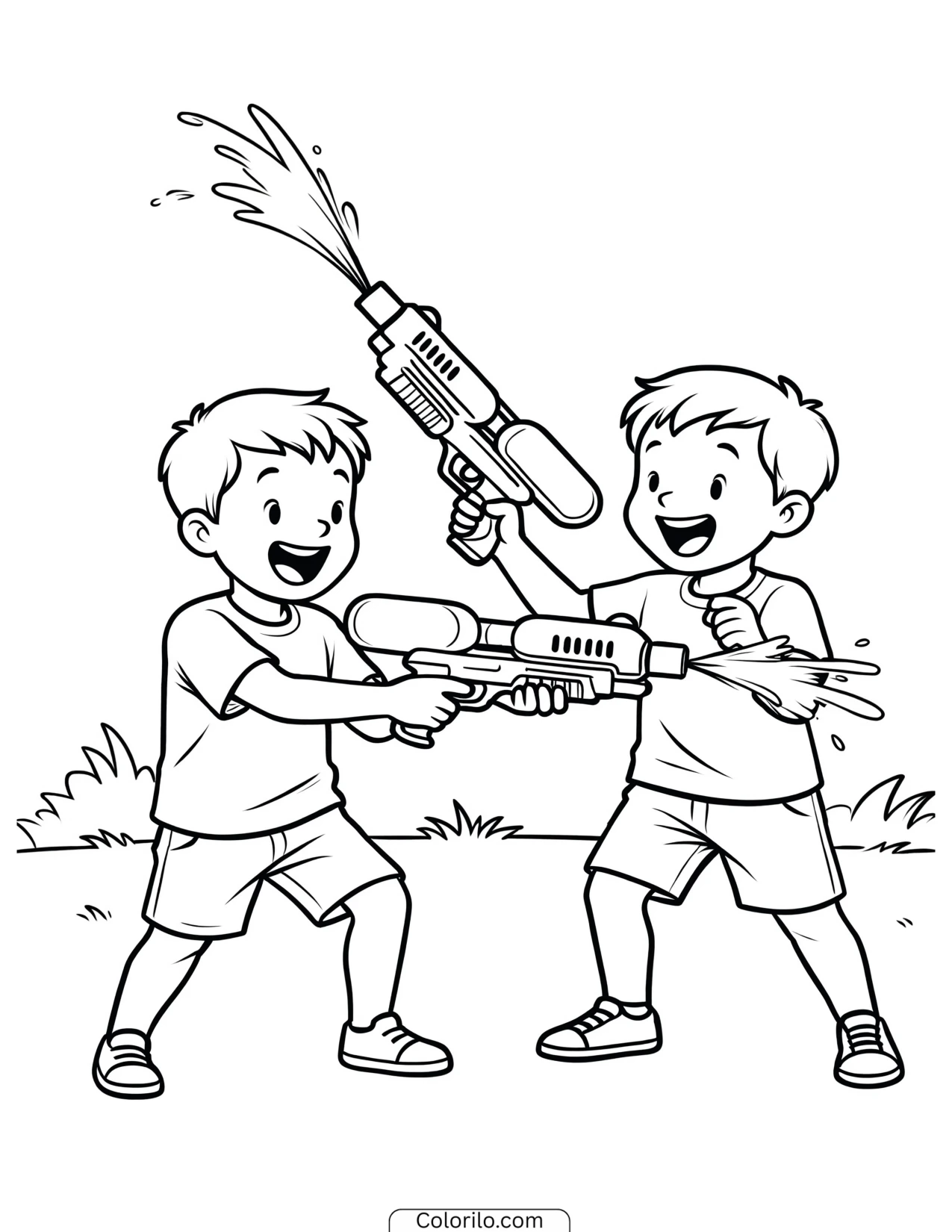 Children playing with water guns coloring page