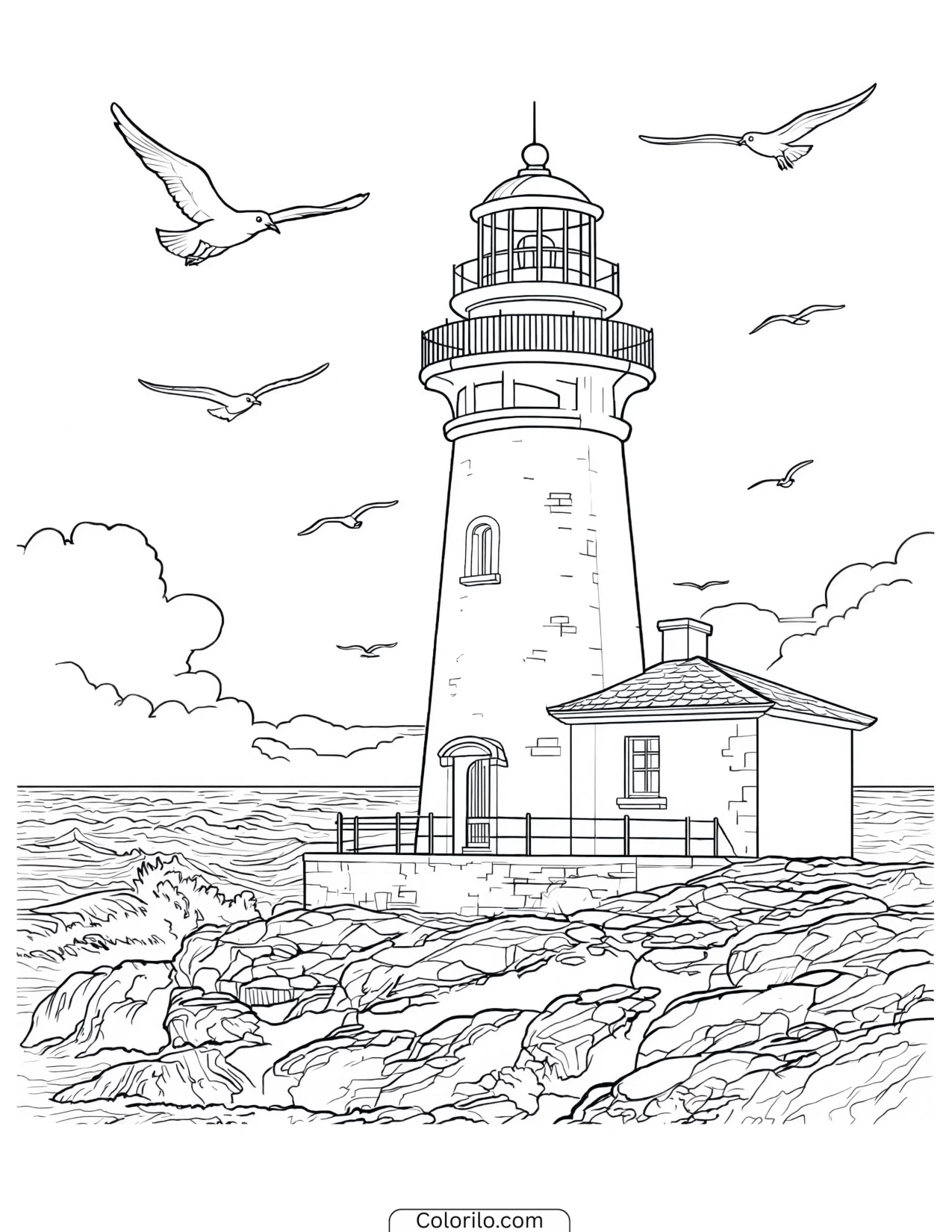 A lighthouse standing beside the ocean coloring page