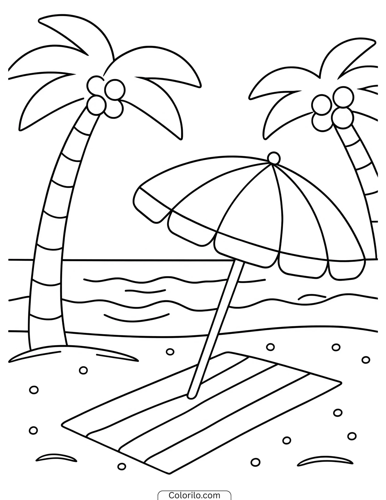 Palm trees beside a beach umbrella coloring page