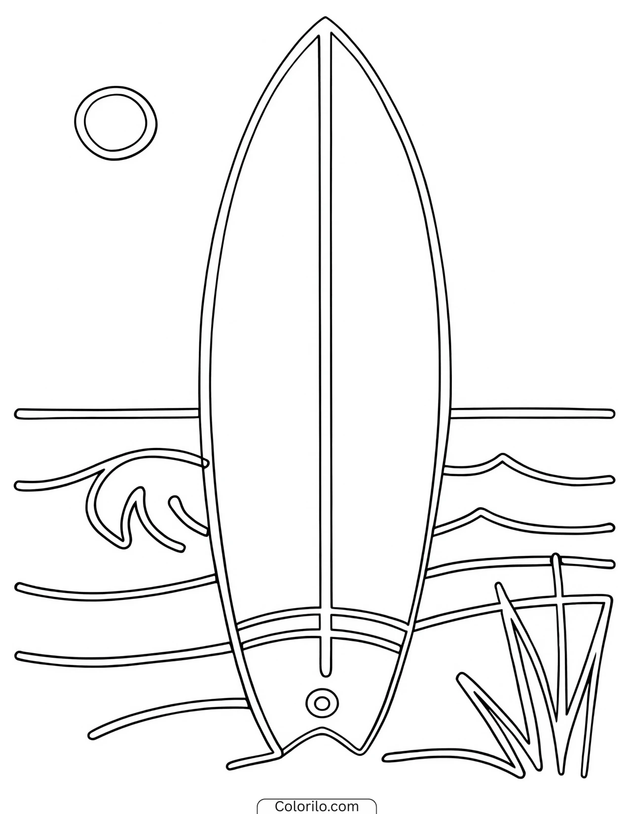 A surfboard standing in the sand coloring page