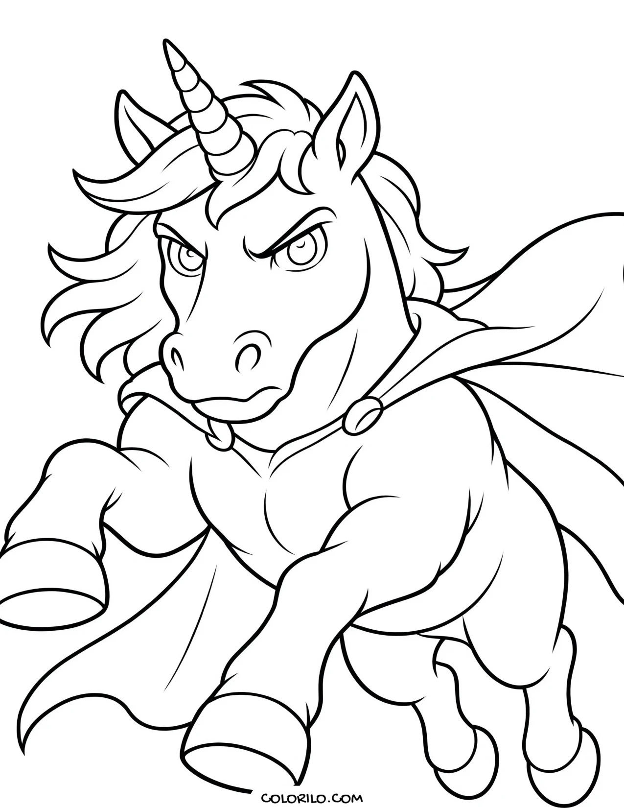 A unicorn in a superhero cape coloring page
