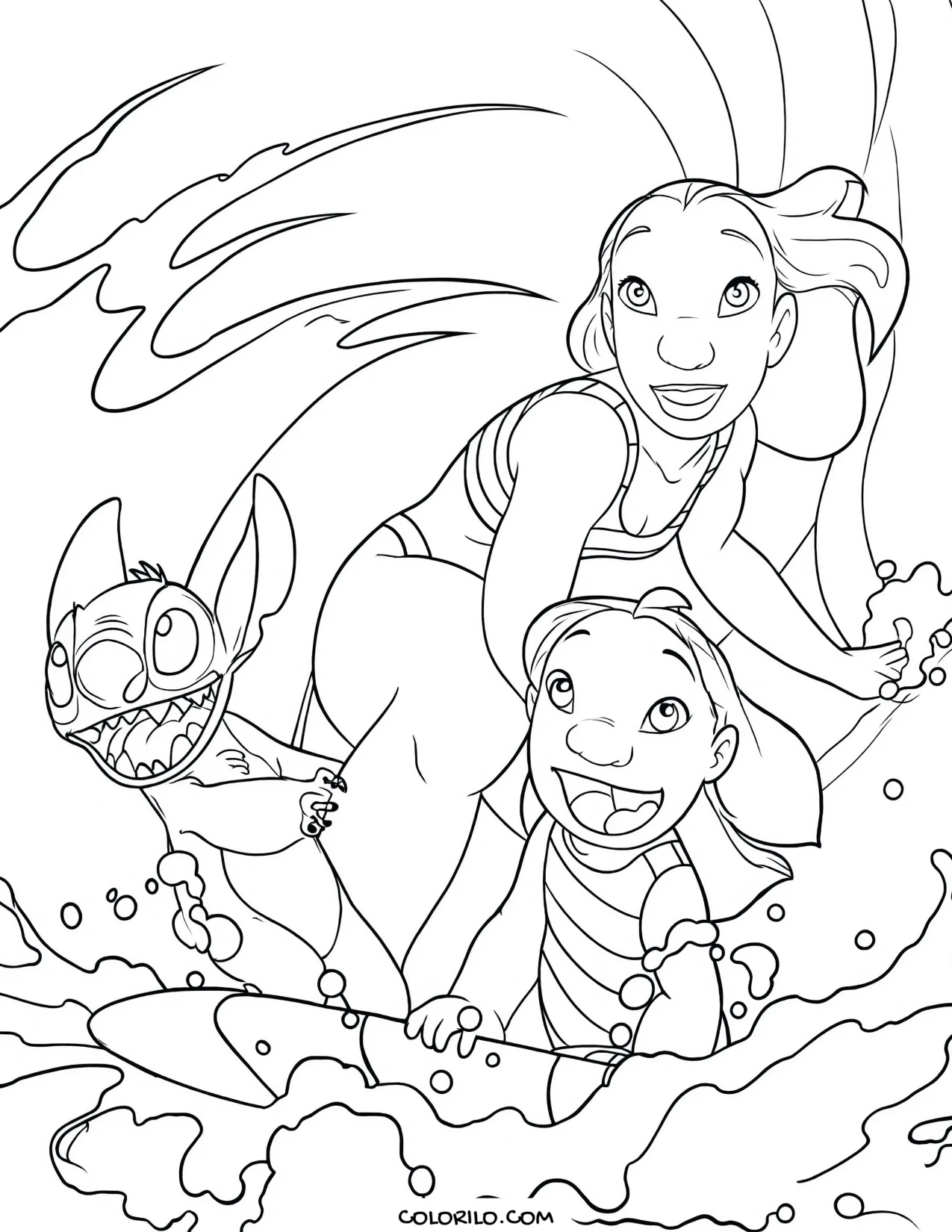 Lilo, Nani and Stitch surfing together coloring page