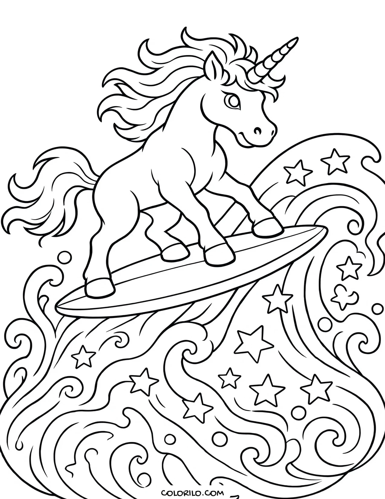 A unicorn surfing among the stars coloring page