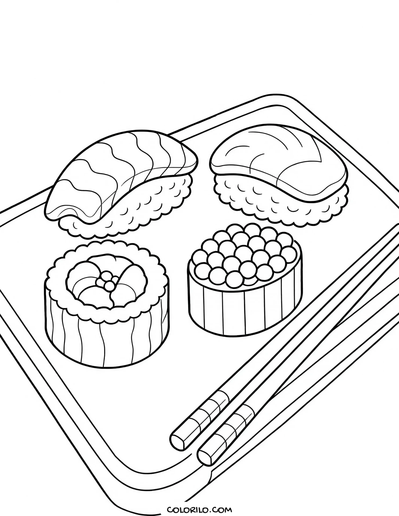 Sushi pieces on a board with chopsticks coloring page