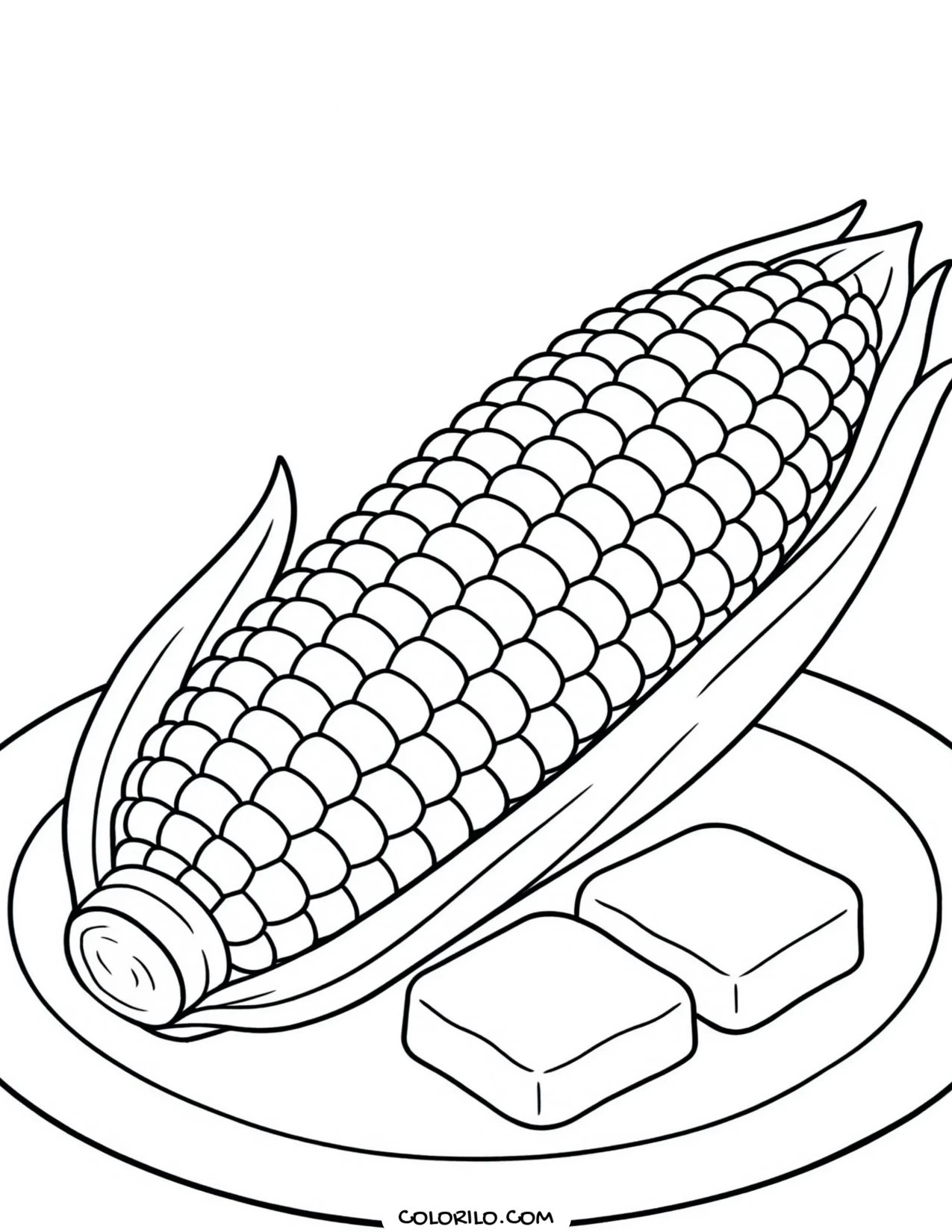 An ear of sweetcorn with butter on a plate coloring page