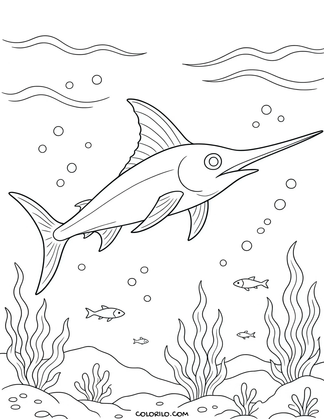A swordfish speeding through the open sea coloring page