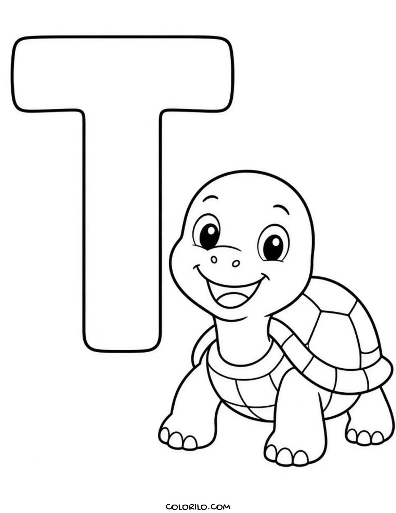 The letter T with a turtle coloring page