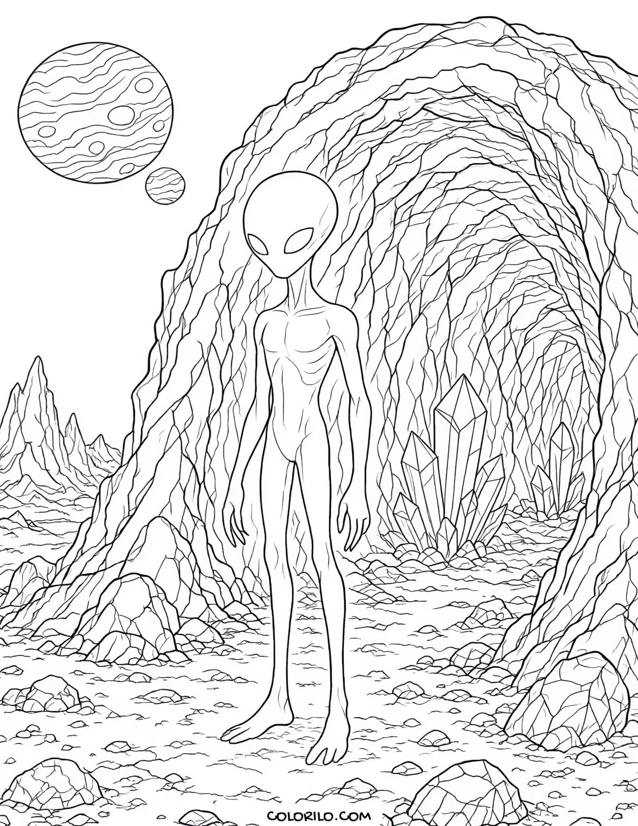 A tall alien standing in a cave coloring page