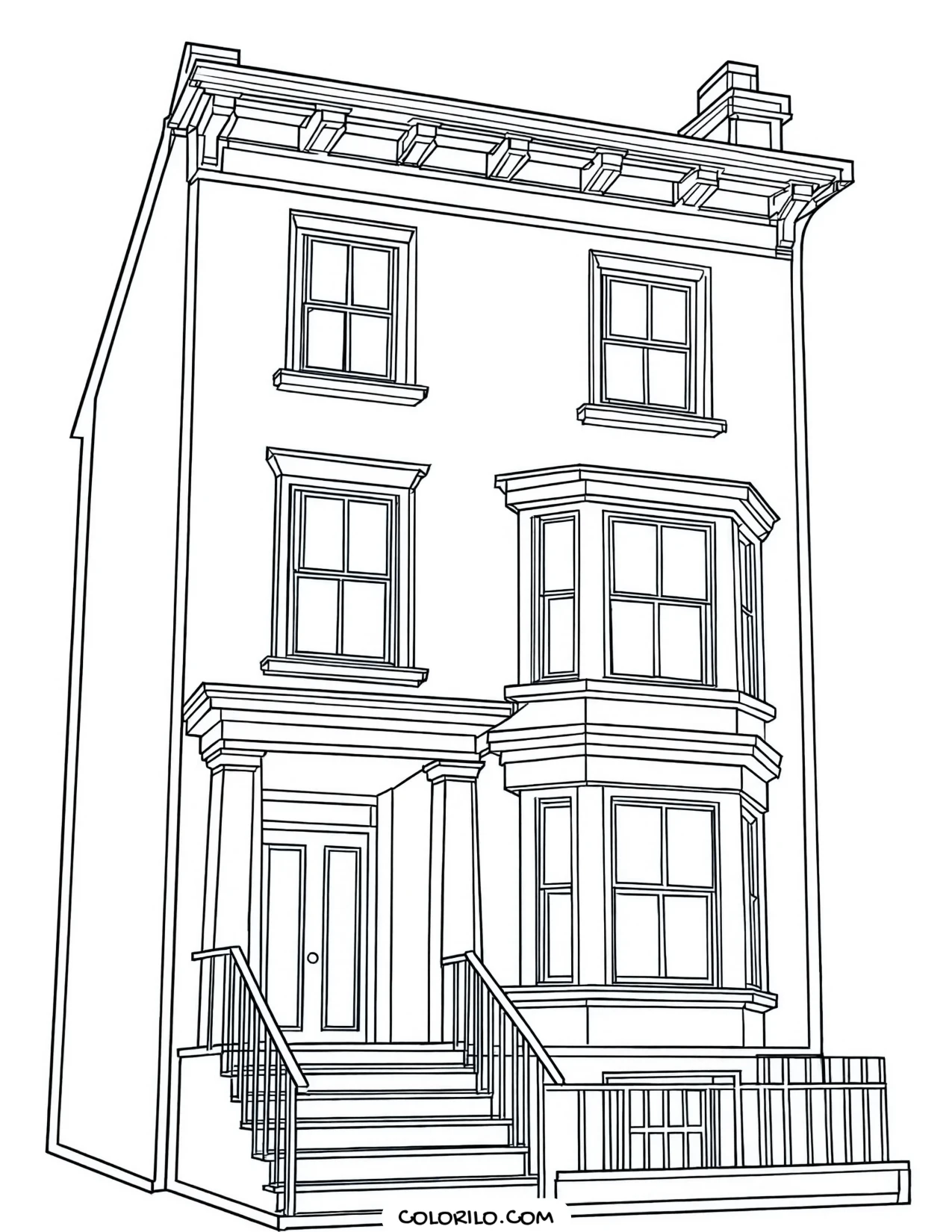 A tall narrow townhouse with front steps coloring page