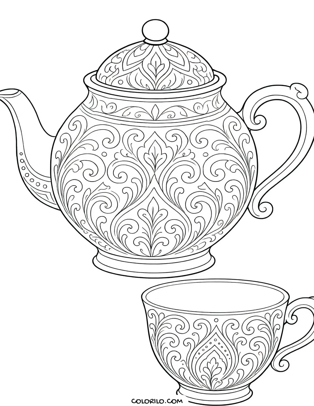 A teapot covered in swirling pattern with a cup coloring page